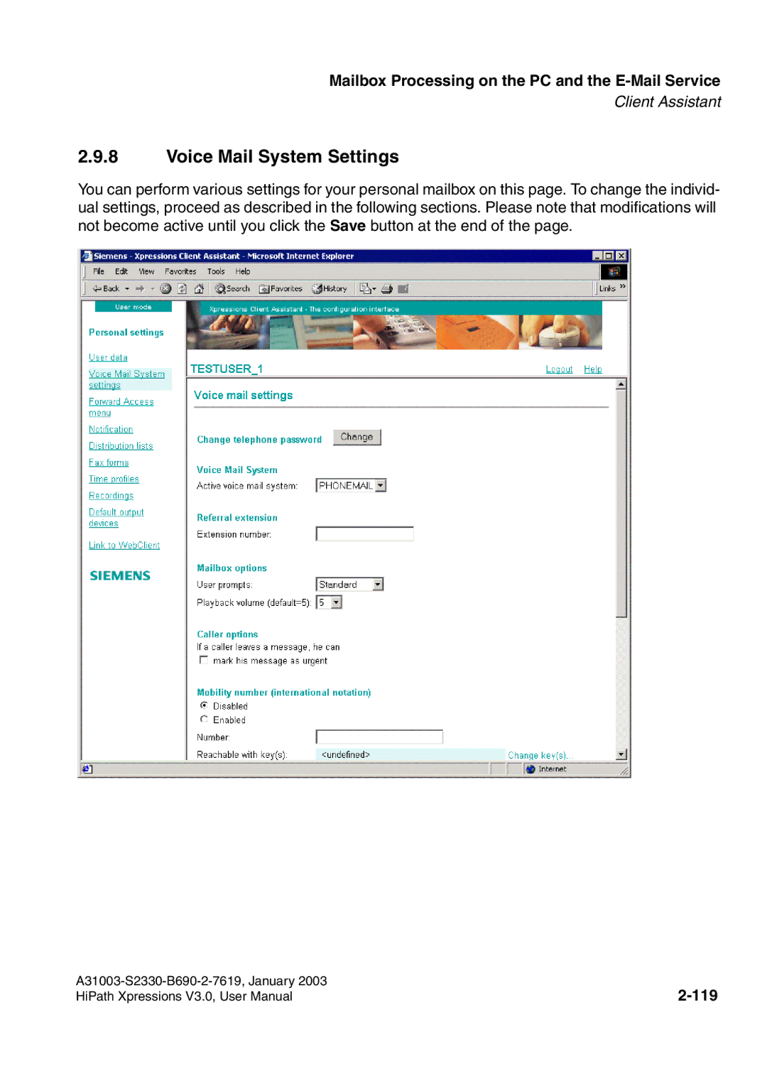 Siemens HiPath Xpressions Unified Messaging user manual Voice Mail System Settings, 119 