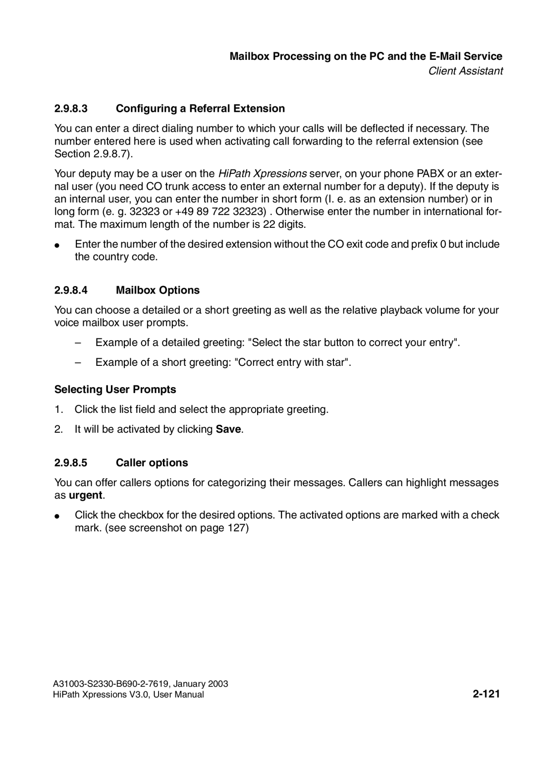 Siemens HiPath Xpressions Unified Messaging Configuring a Referral Extension, Mailbox Options, Selecting User Prompts, 121 