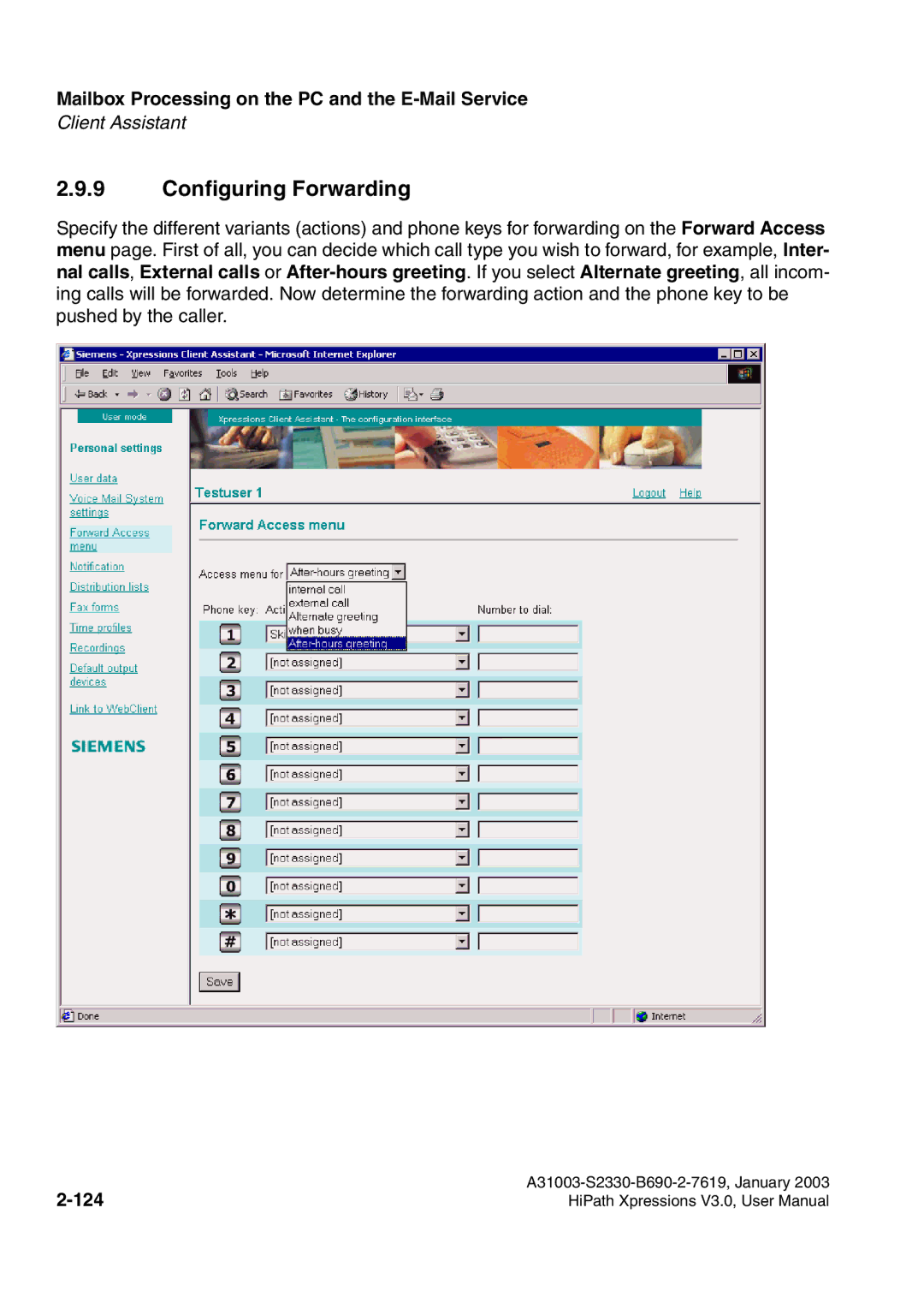 Siemens HiPath Xpressions Unified Messaging user manual Configuring Forwarding, 124 