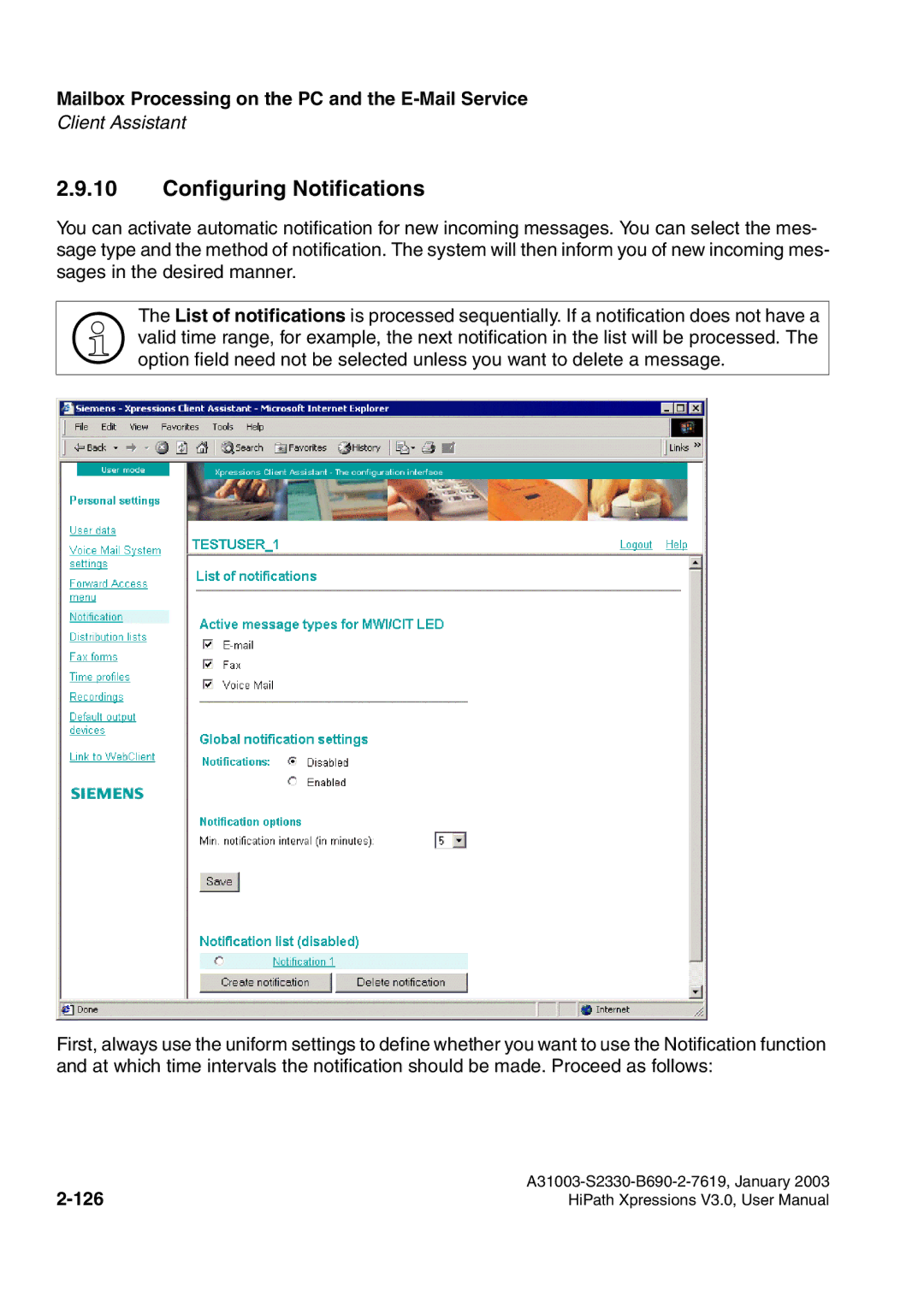 Siemens HiPath Xpressions Unified Messaging user manual Configuring Notifications, 126 