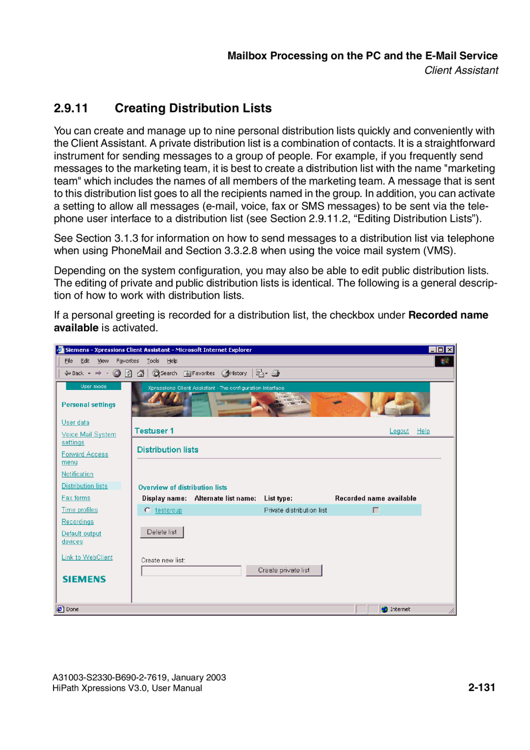 Siemens HiPath Xpressions Unified Messaging user manual Creating Distribution Lists, 131 