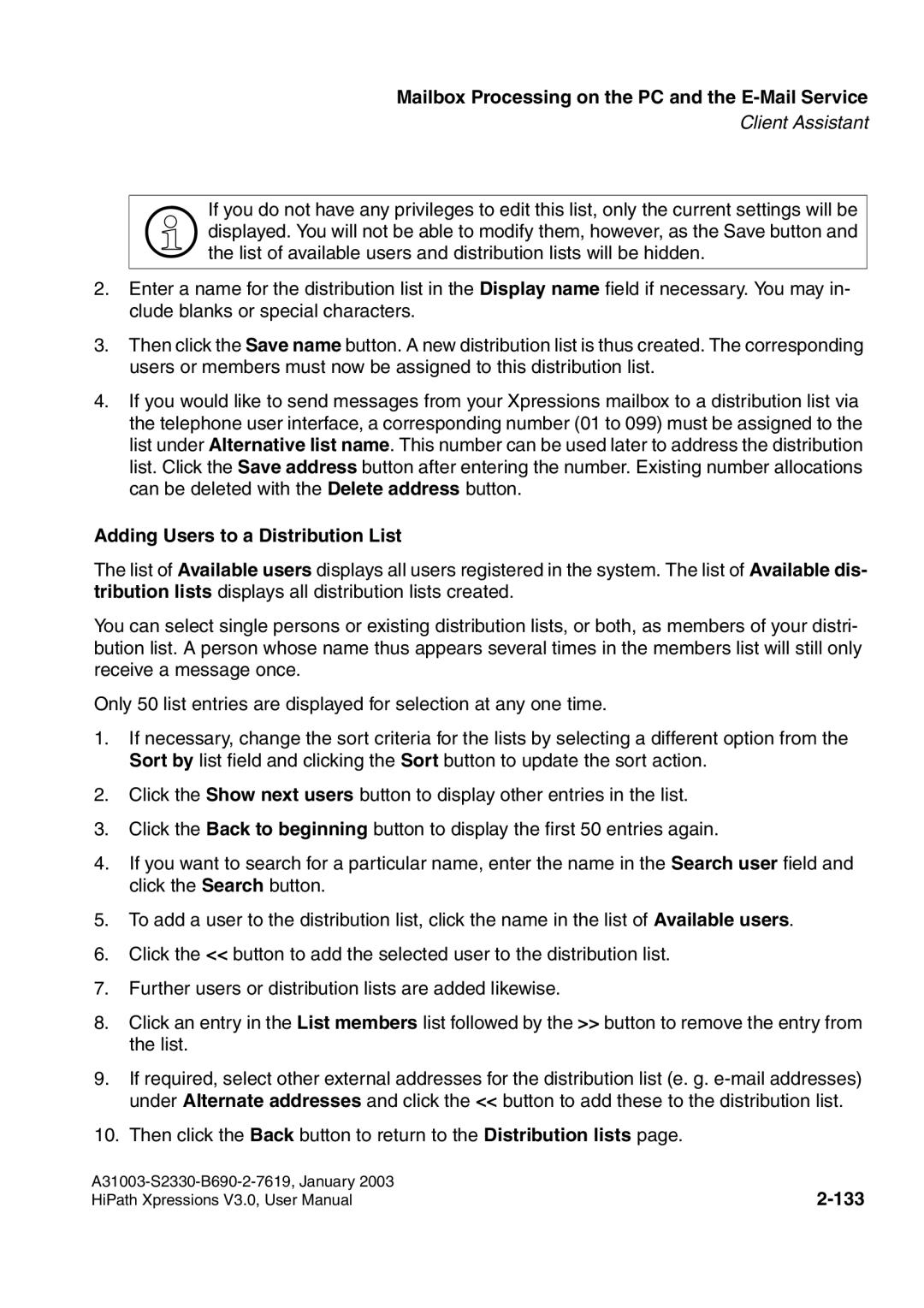 Siemens HiPath Xpressions Unified Messaging user manual Adding Users to a Distribution List, 133 