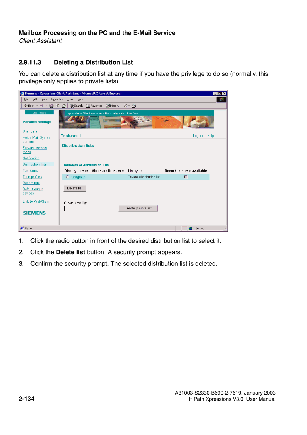 Siemens HiPath Xpressions Unified Messaging user manual Deleting a Distribution List, 134 