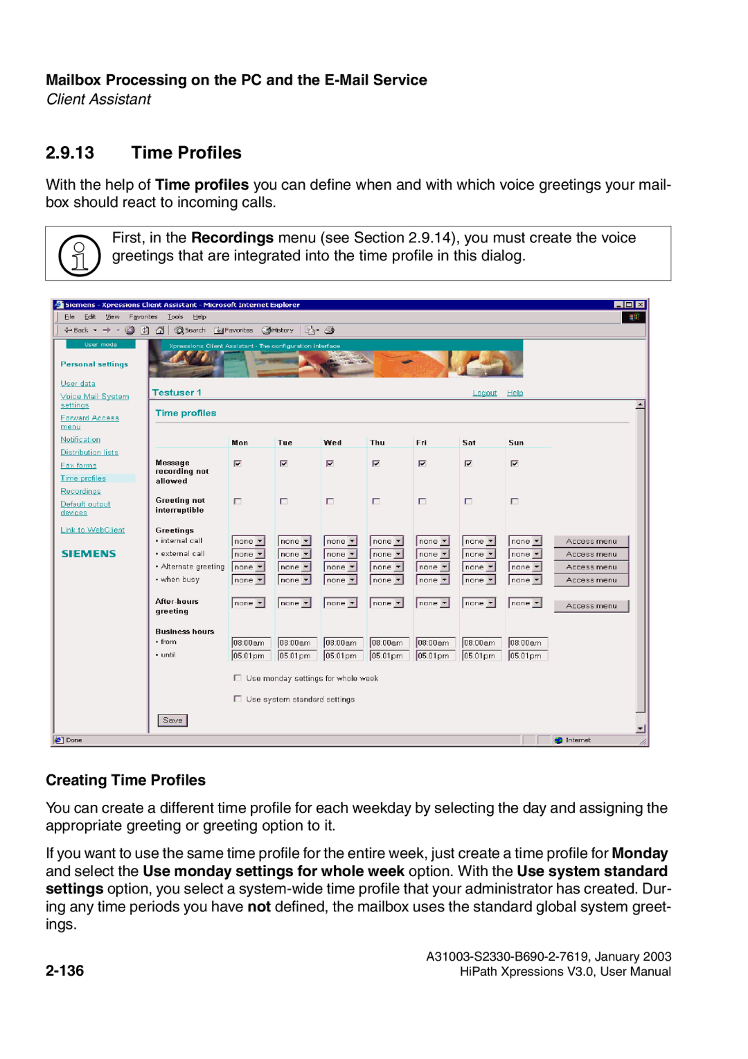 Siemens HiPath Xpressions Unified Messaging user manual Creating Time Profiles, 136 