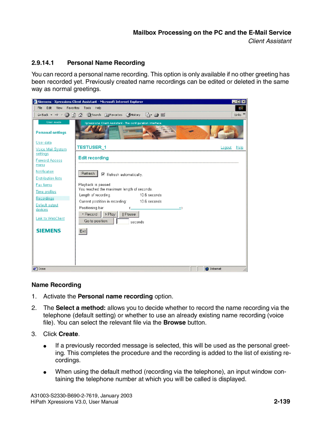 Siemens HiPath Xpressions Unified Messaging user manual Personal Name Recording, 139 