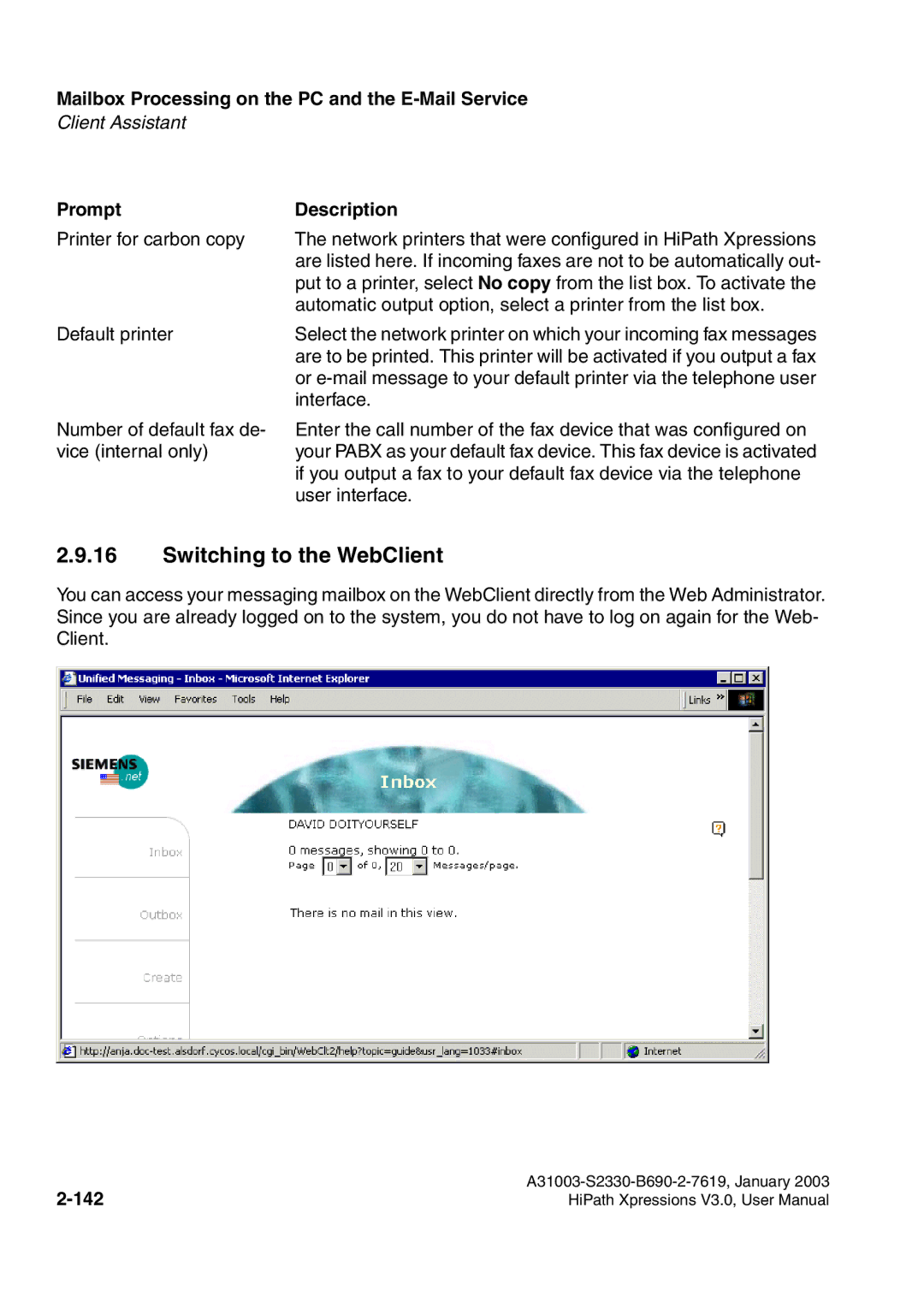 Siemens HiPath Xpressions Unified Messaging user manual Switching to the WebClient, Prompt Description, 142 