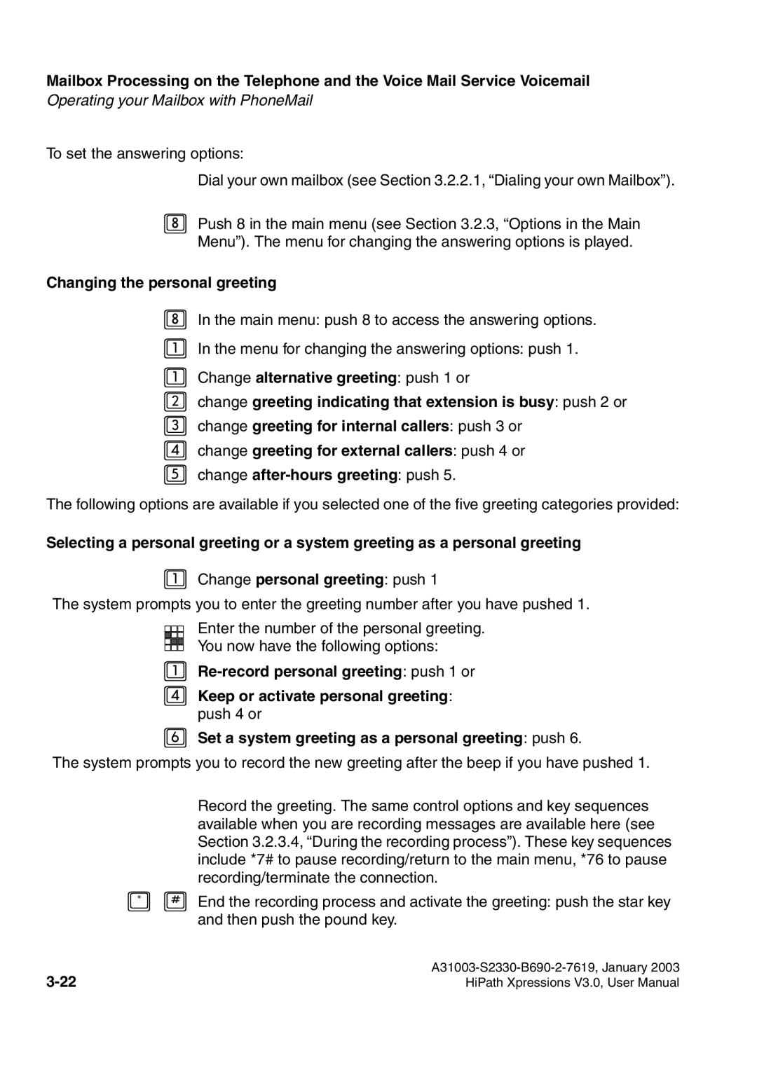 Siemens HiPath Xpressions Unified Messaging user manual Changing the personal greeting 