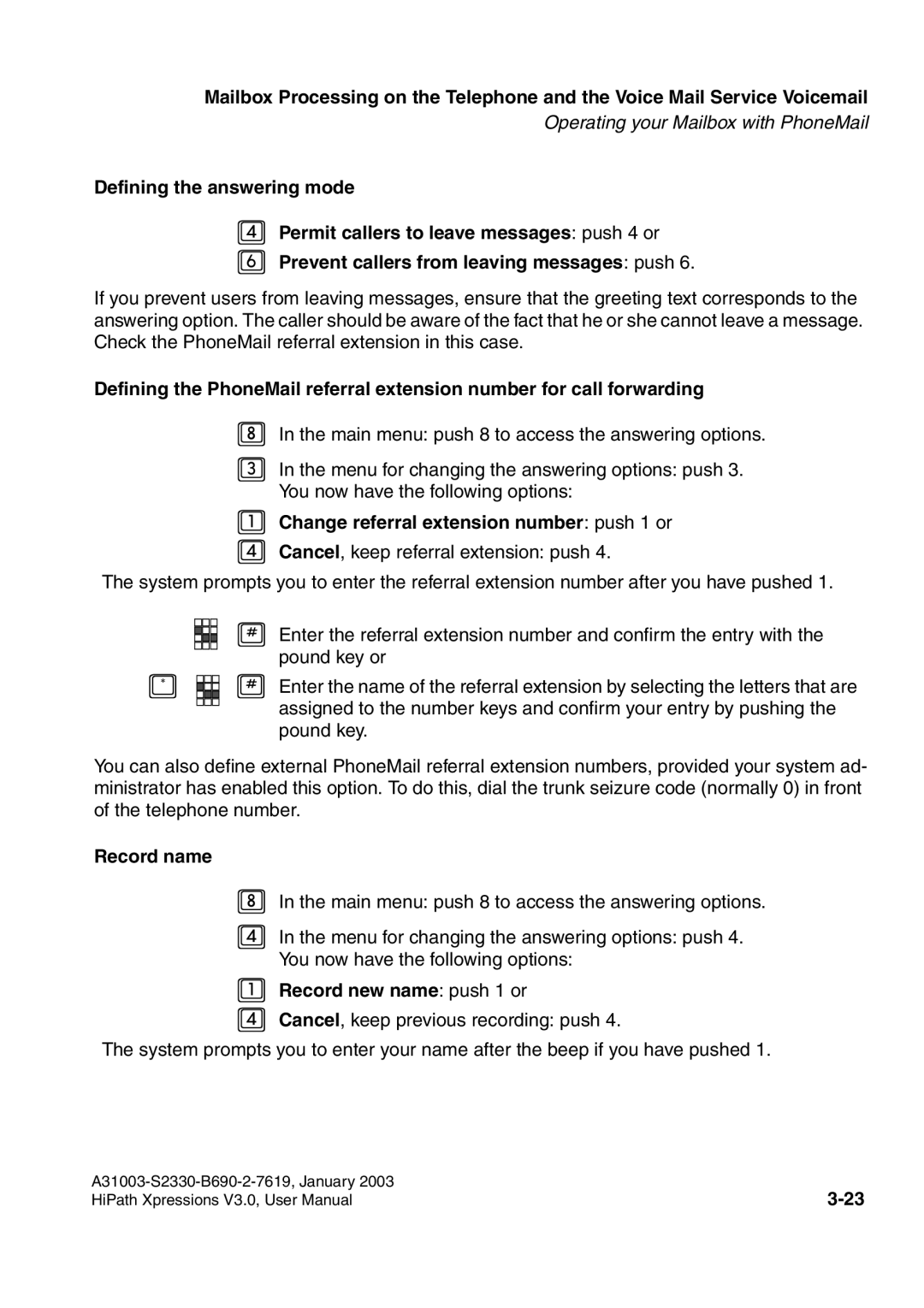 Siemens HiPath Xpressions Unified Messaging user manual Change referral extension number push 1 or, Record name 