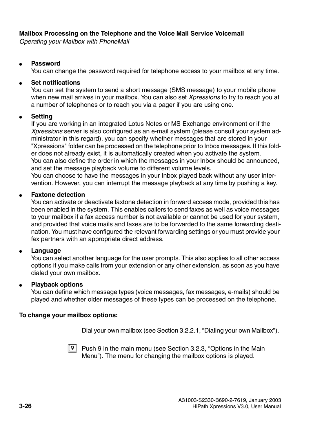 Siemens HiPath Xpressions Unified Messaging user manual Password, Set notifications, Setting, Faxtone detection, Language 