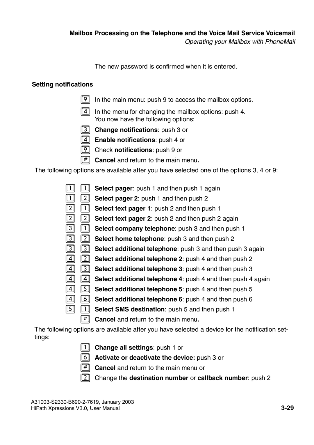 Siemens HiPath Xpressions Unified Messaging Setting notifications, Select company telephone push 3 and then push 