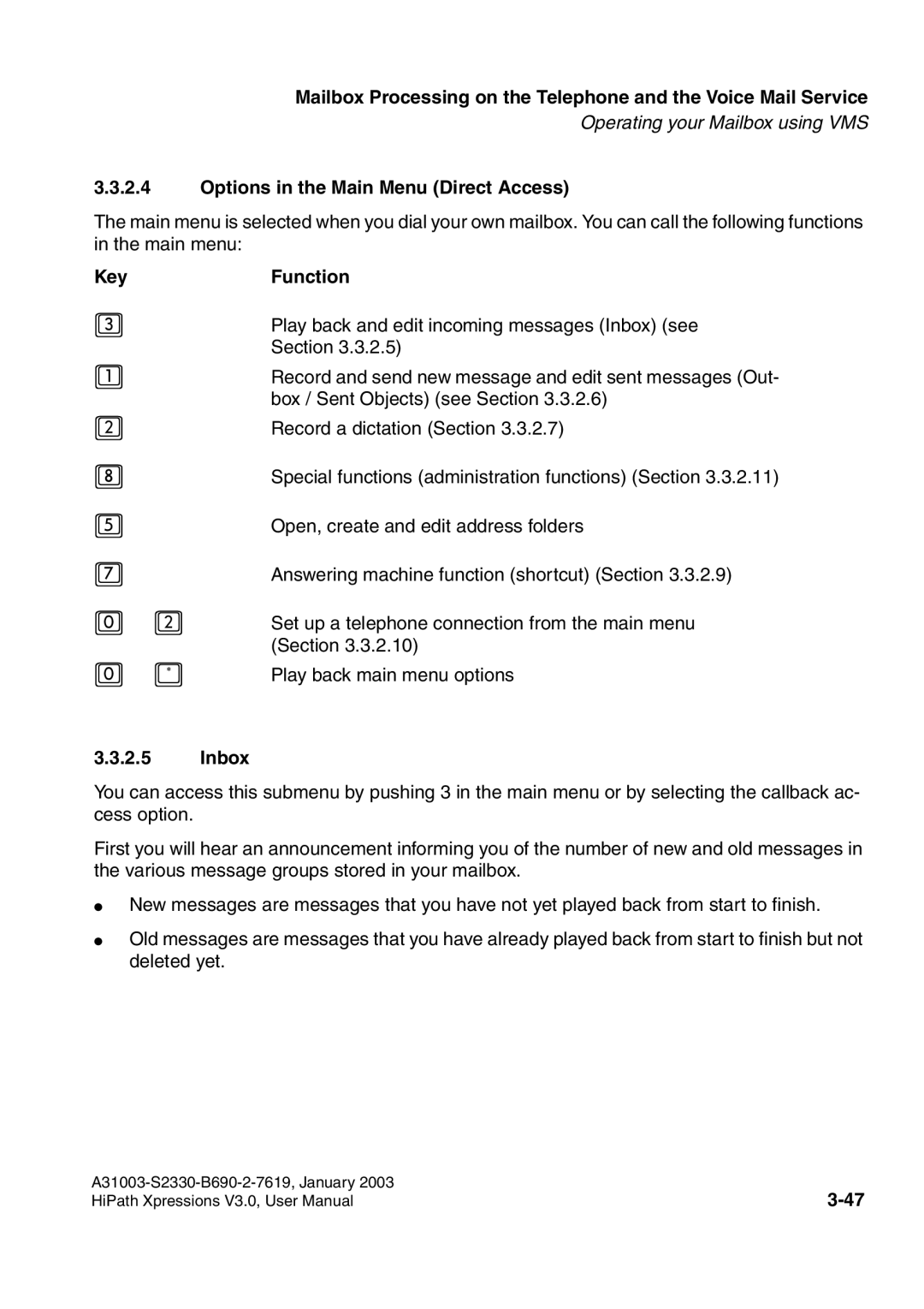 Siemens HiPath Xpressions Unified Messaging user manual Options in the Main Menu Direct Access, KeyFunction, Inbox 