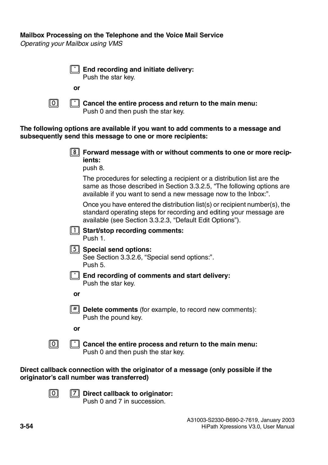 Siemens HiPath Xpressions Unified Messaging user manual Start/stop recording comments Push Special send options 