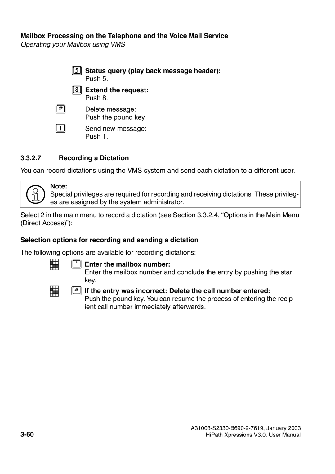 Siemens HiPath Xpressions Unified Messaging Recording a Dictation, Selection options for recording and sending a dictation 