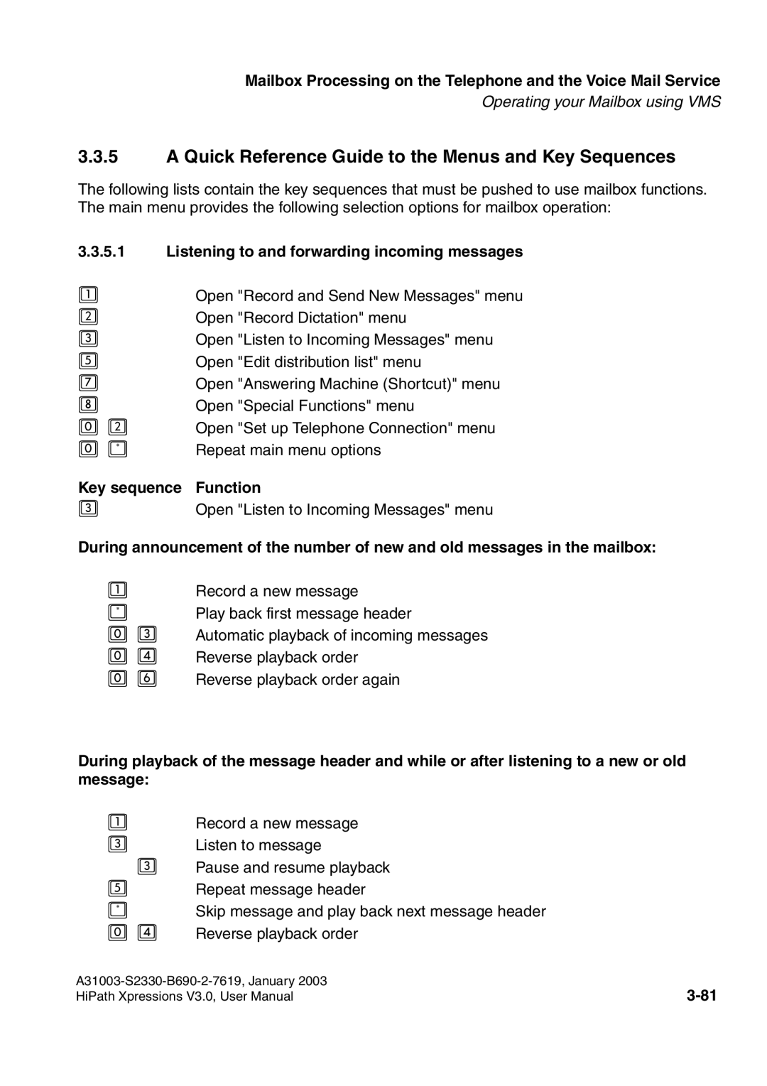 Siemens HiPath Xpressions Unified Messaging Listening to and forwarding incoming messages, Key sequence Function 