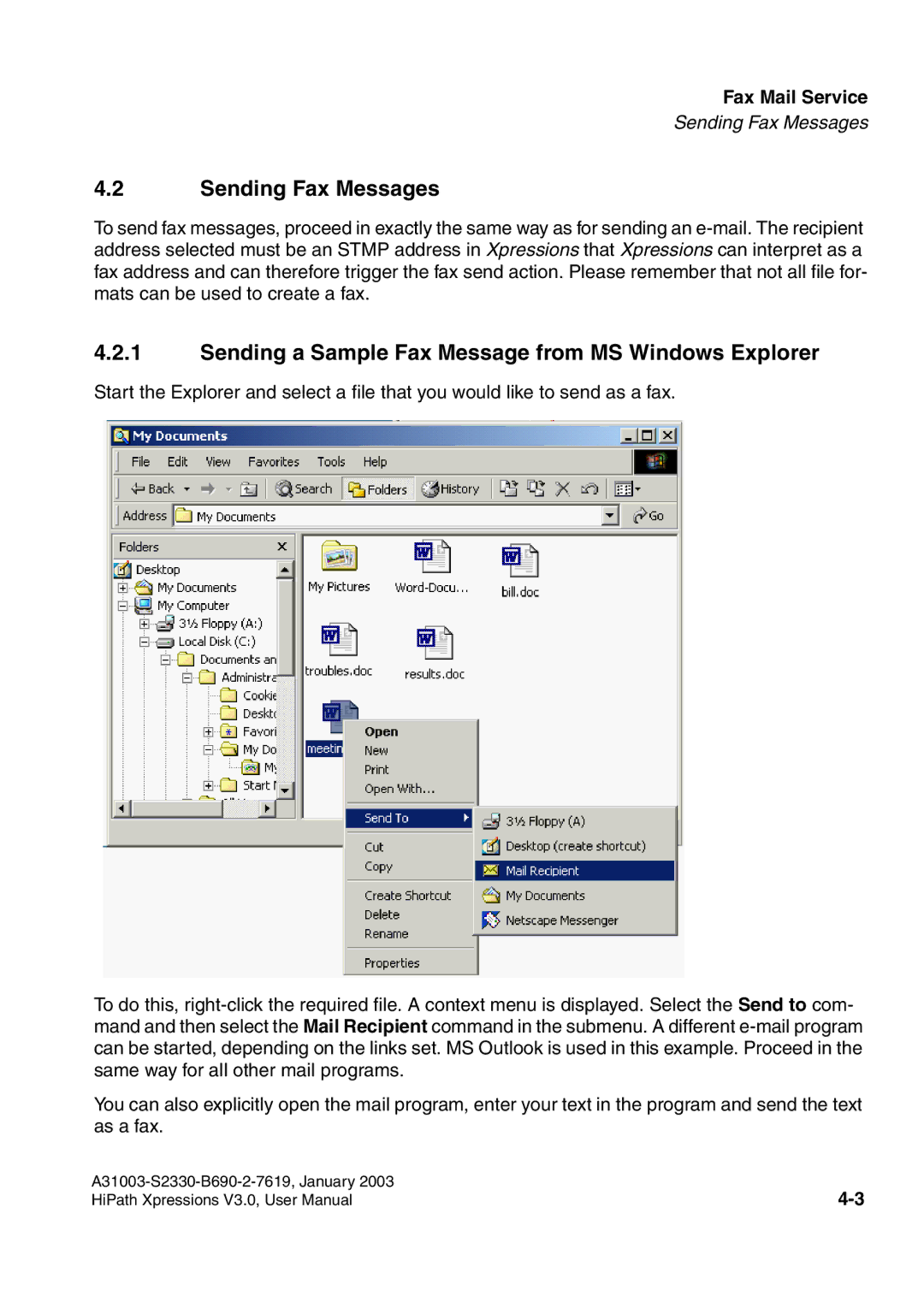 Siemens HiPath Xpressions Unified Messaging Sending Fax Messages, Sending a Sample Fax Message from MS Windows Explorer 