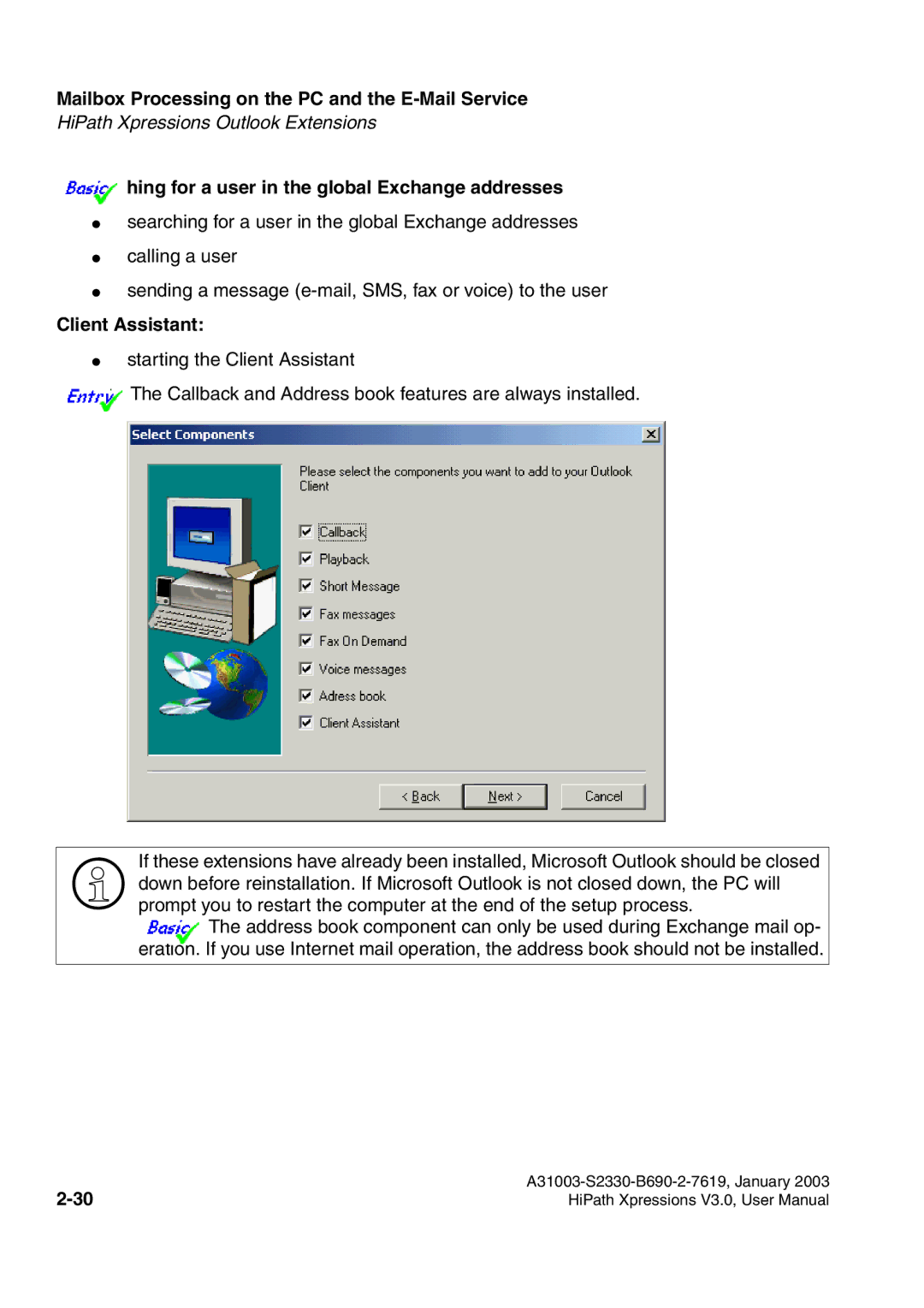 Siemens HiPath Xpressions Unified Messaging user manual Hing for a user in the global Exchange addresses, Client Assistant 