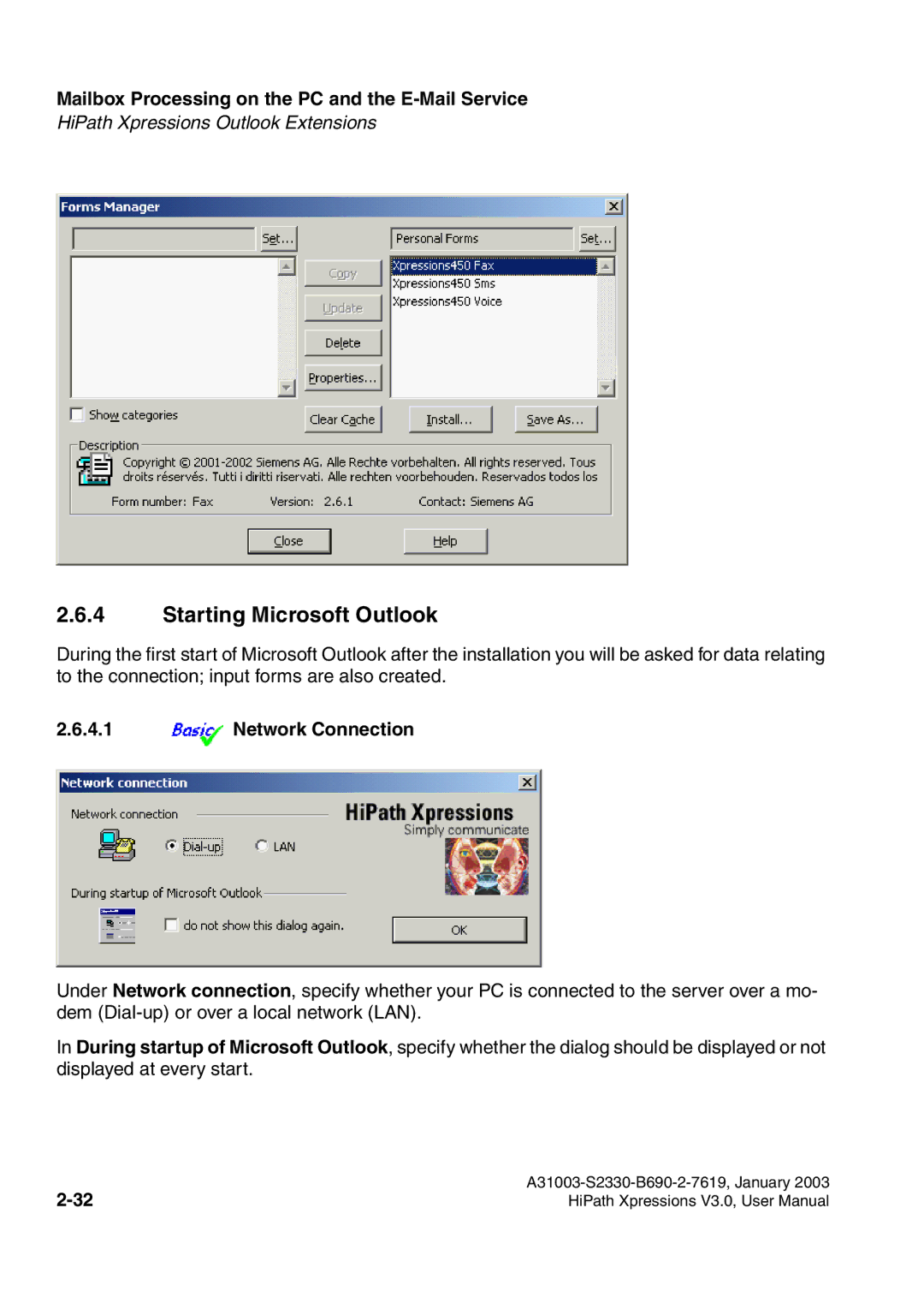 Siemens HiPath Xpressions Unified Messaging user manual Starting Microsoft Outlook, Network Connection 