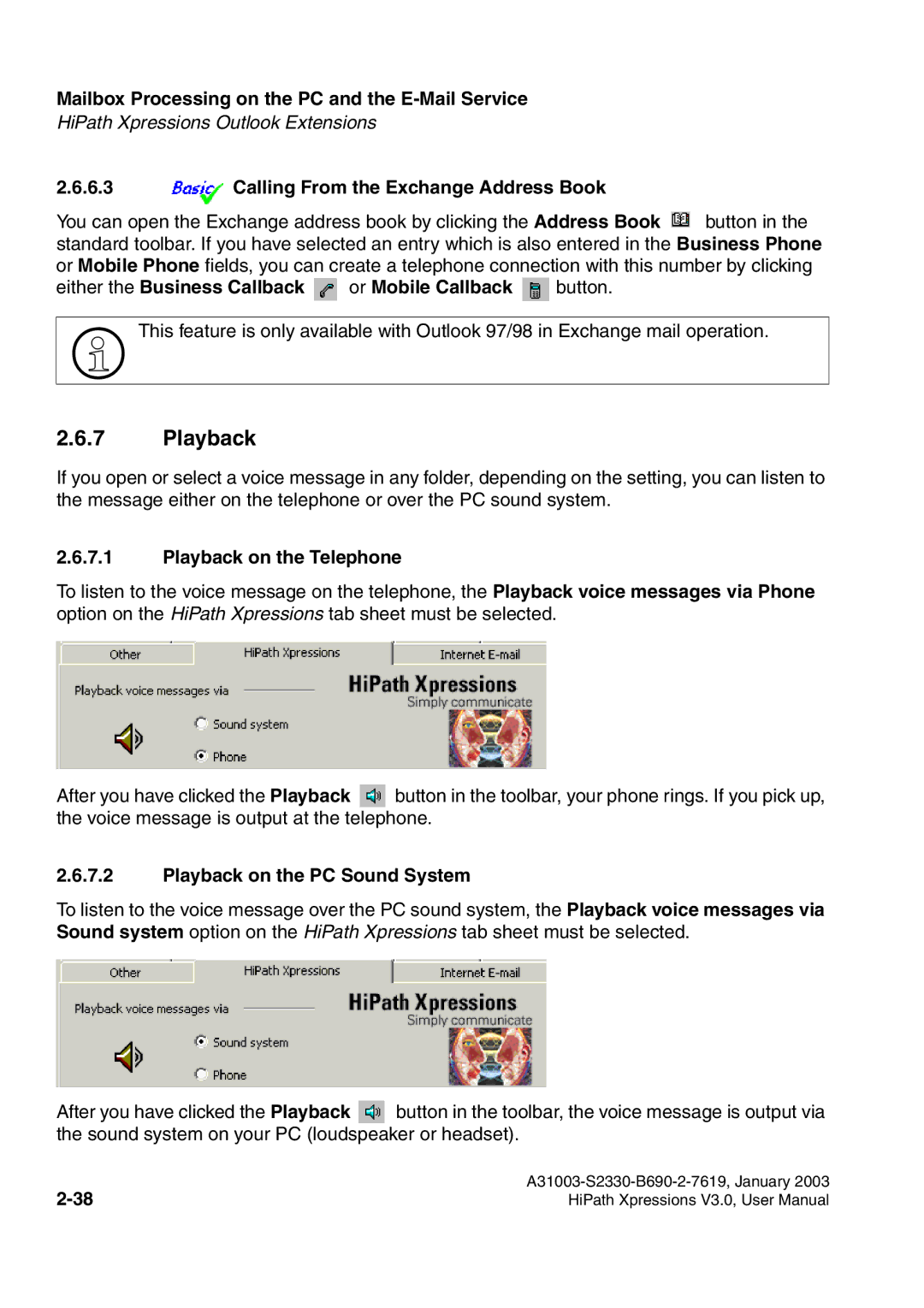 Siemens HiPath Xpressions Unified Messaging Calling From the Exchange Address Book, Playback on the Telephone 