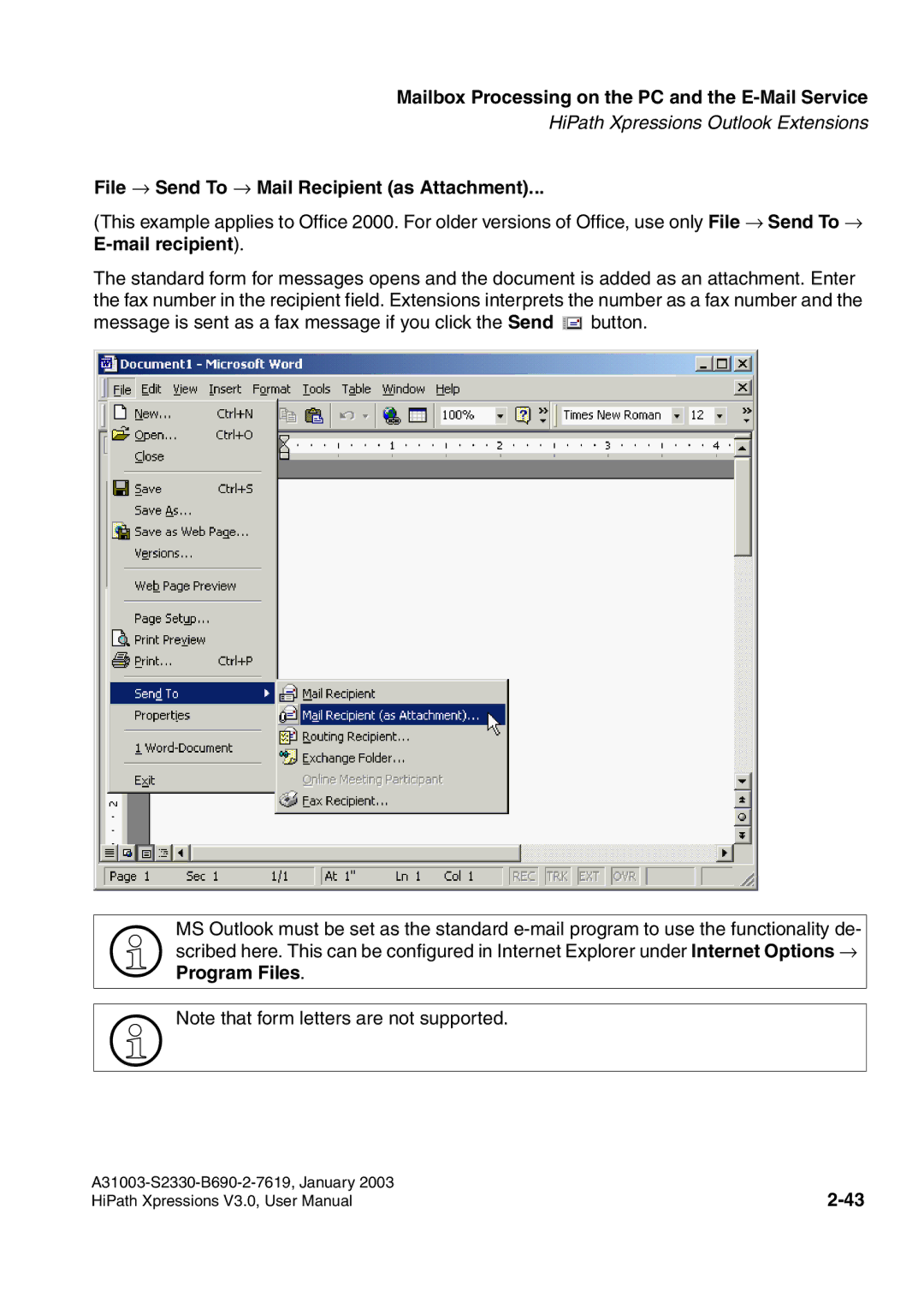 Siemens HiPath Xpressions Unified Messaging user manual File → Send To → Mail Recipient as Attachment 