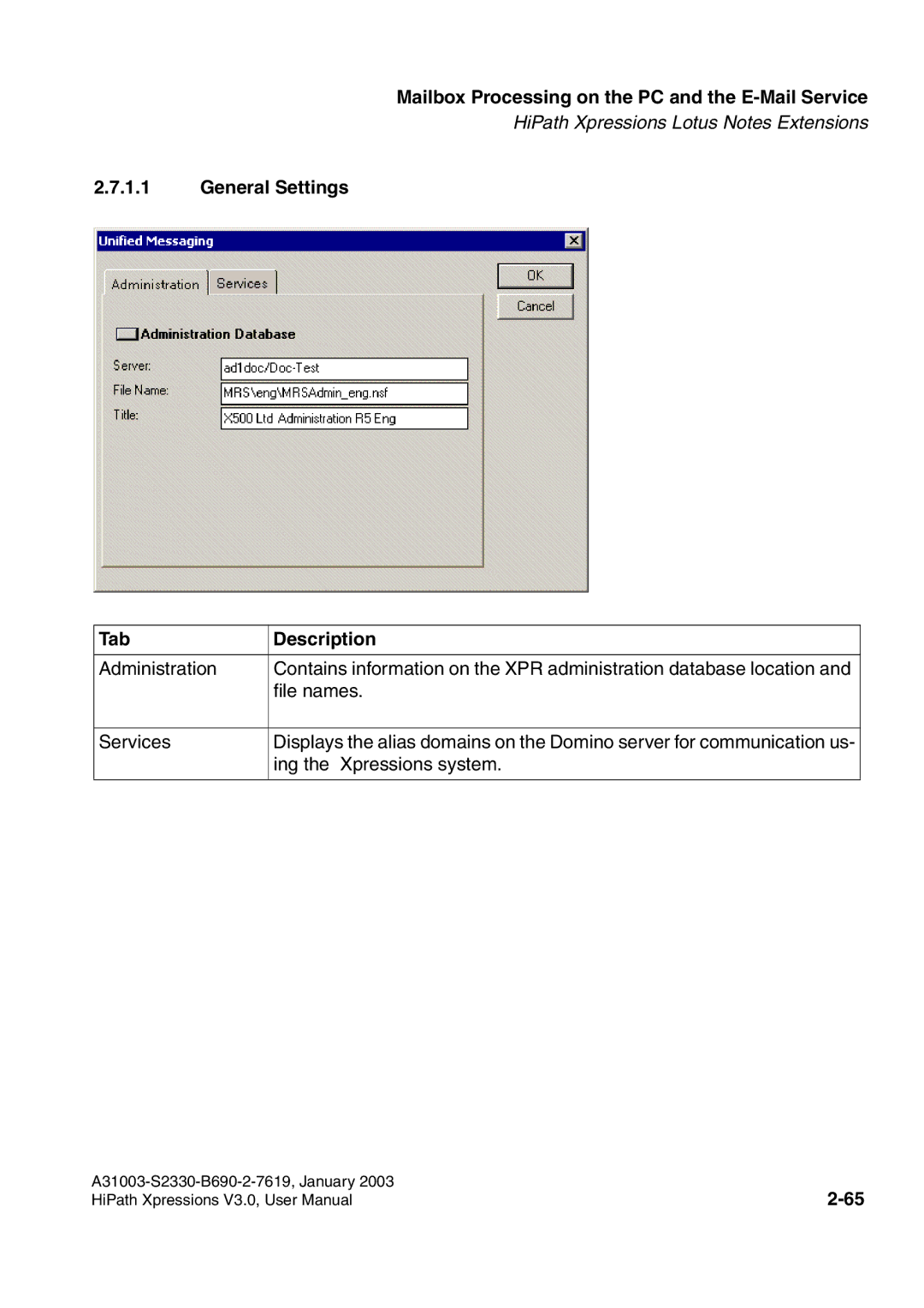 Siemens HiPath Xpressions Unified Messaging user manual General Settings Tab Description 