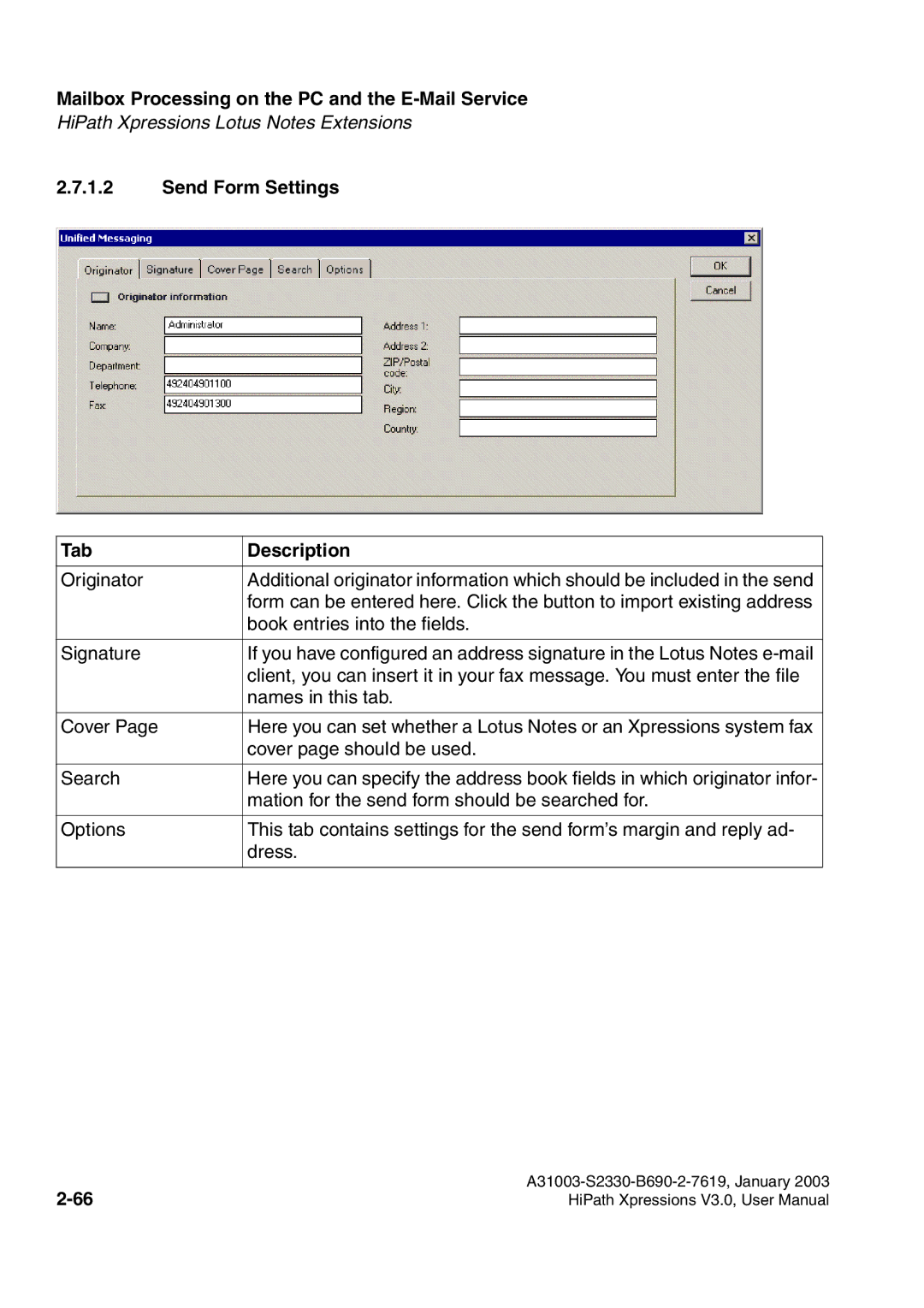 Siemens HiPath Xpressions Unified Messaging user manual Send Form Settings Tab Description 