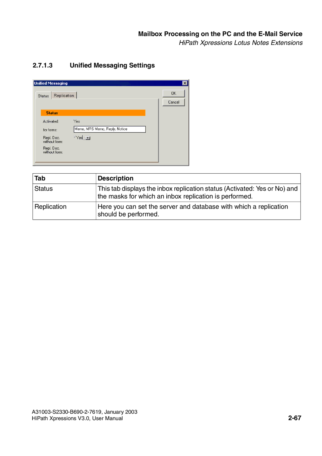 Siemens HiPath Xpressions Unified Messaging user manual Unified Messaging Settings Tab Description 