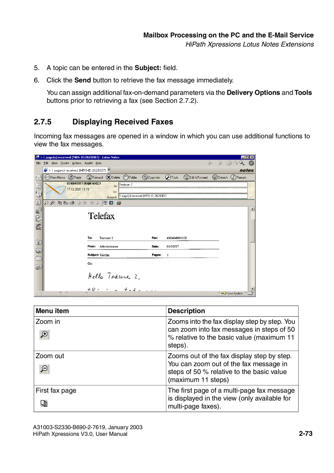 Siemens HiPath Xpressions Unified Messaging user manual Displaying Received Faxes, Menu item Description 