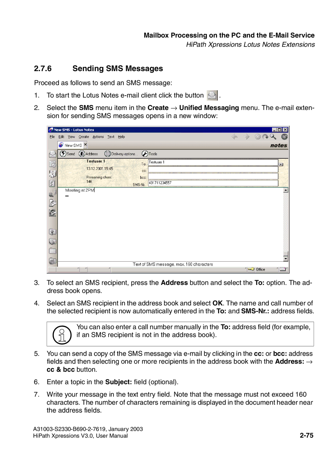 Siemens HiPath Xpressions Unified Messaging user manual Sending SMS Messages 