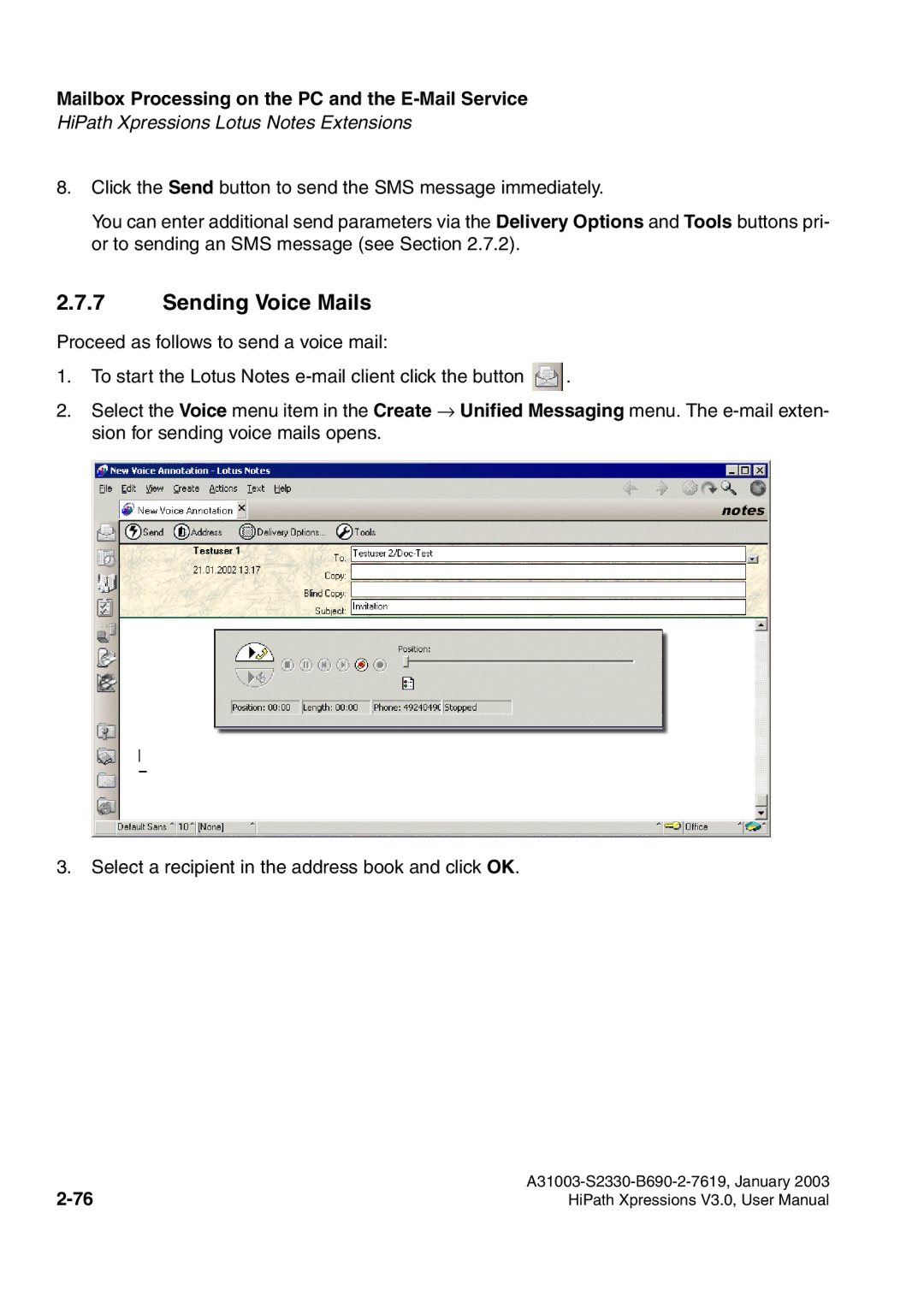 Siemens HiPath Xpressions Unified Messaging user manual Sending Voice Mails 