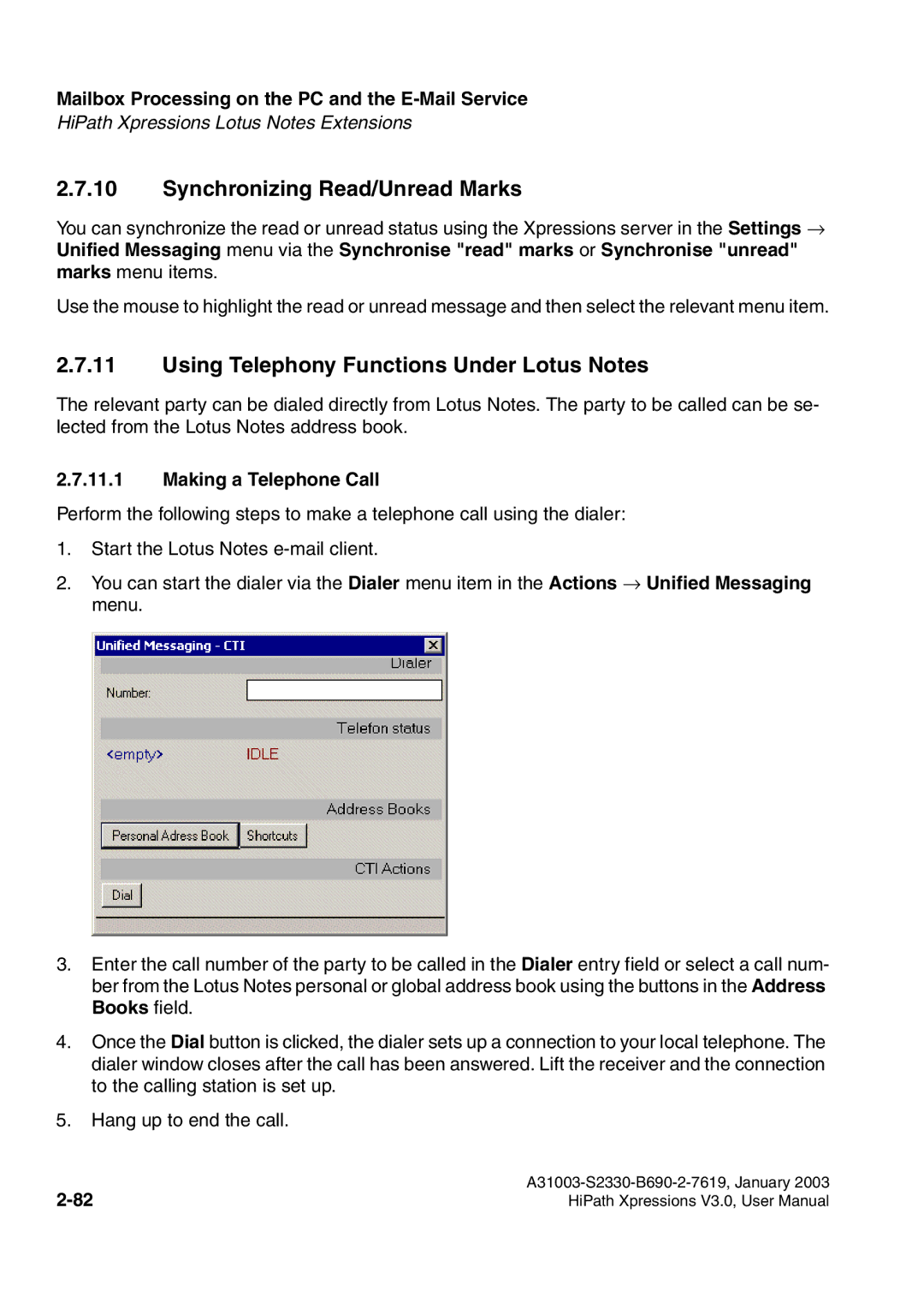 Siemens HiPath Xpressions Unified Messaging Synchronizing Read/Unread Marks, Using Telephony Functions Under Lotus Notes 