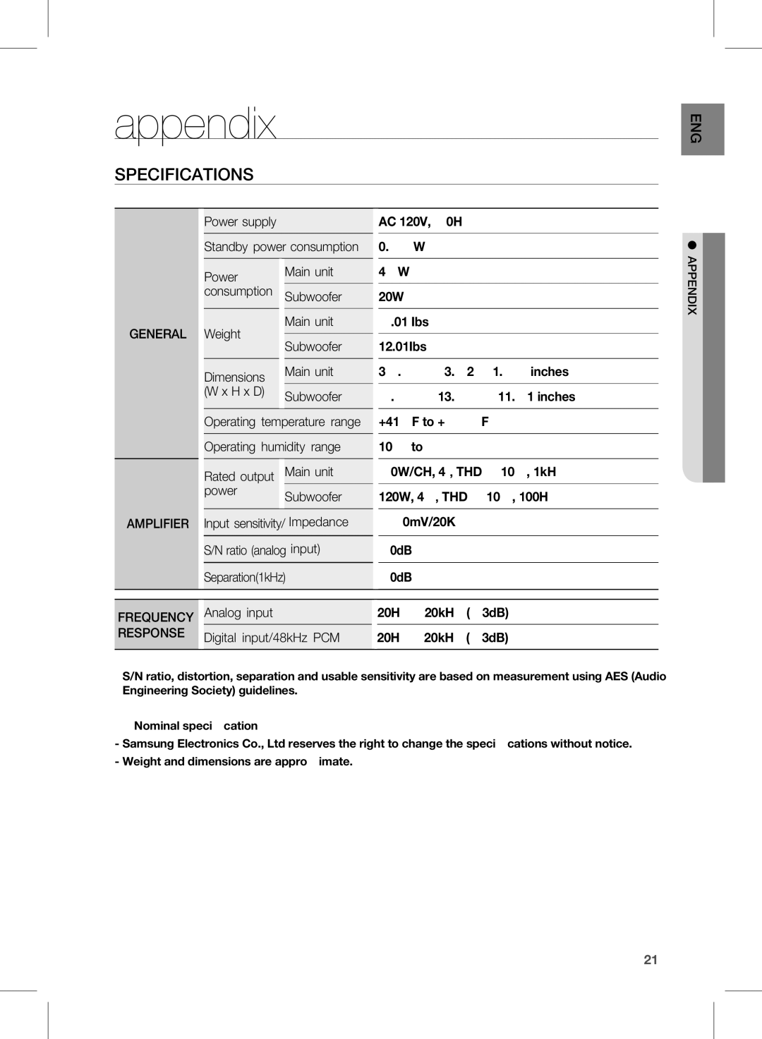 Siemens HW-D450 user manual Appendix, Specifications, General, Amplifier 