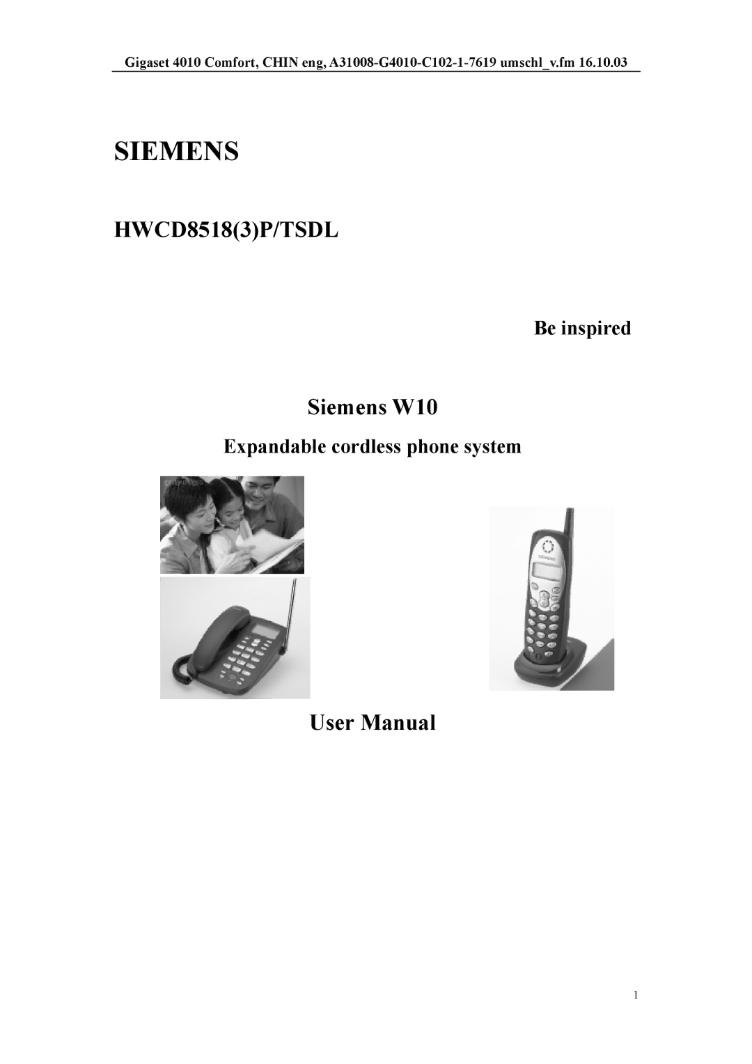 Siemens HWCD8518(3)P/TSDL user manual Be inspired, Expandable cordless phone system 