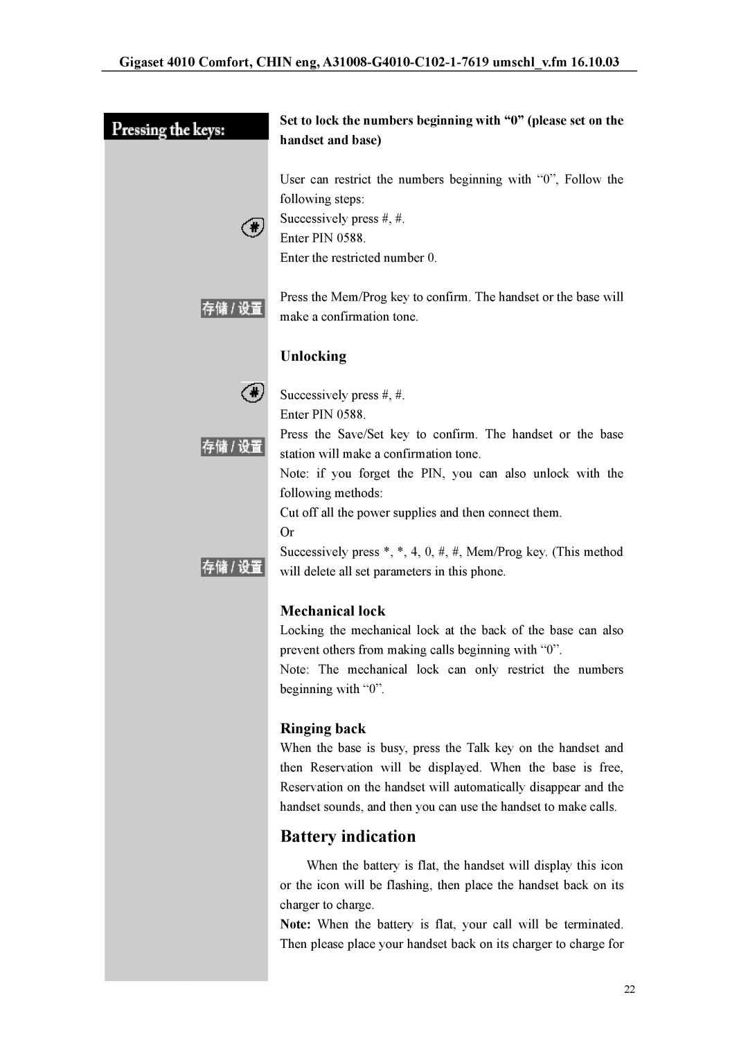 Siemens HWCD8518(3)P/TSDL user manual Battery indication, Unlocking, Mechanical lock, Ringing back 