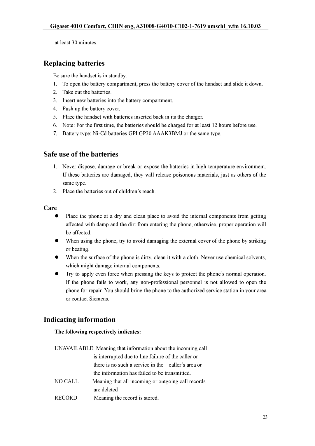 Siemens HWCD8518(3)P/TSDL user manual Replacing batteries, Safe use of the batteries, Indicating information, Care 