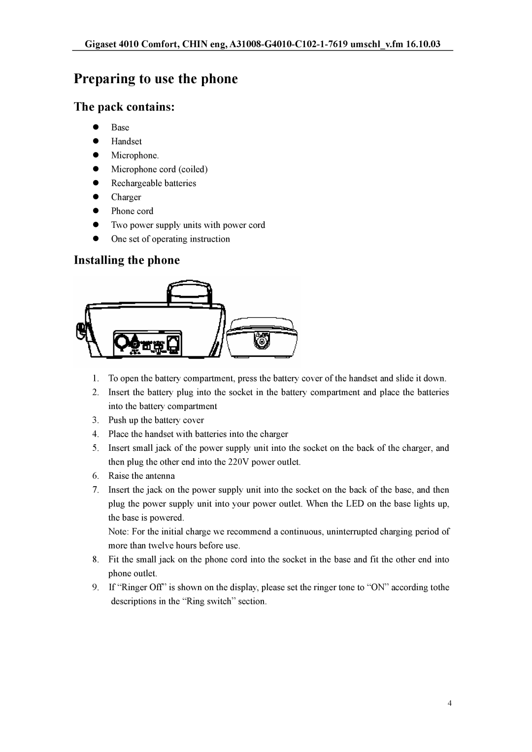 Siemens HWCD8518(3)P/TSDL user manual Preparing to use the phone, Pack contains, Installing the phone 