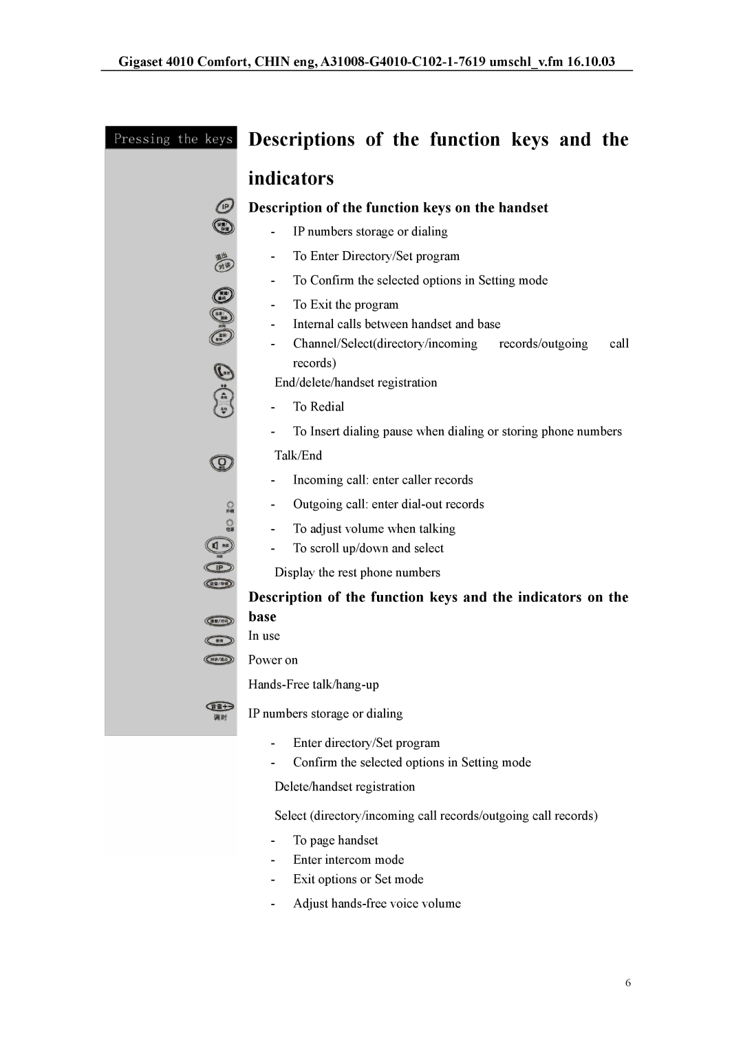 Siemens HWCD8518(3)P/TSDL Descriptions of the function keys Indicators, Description of the function keys on the handset 