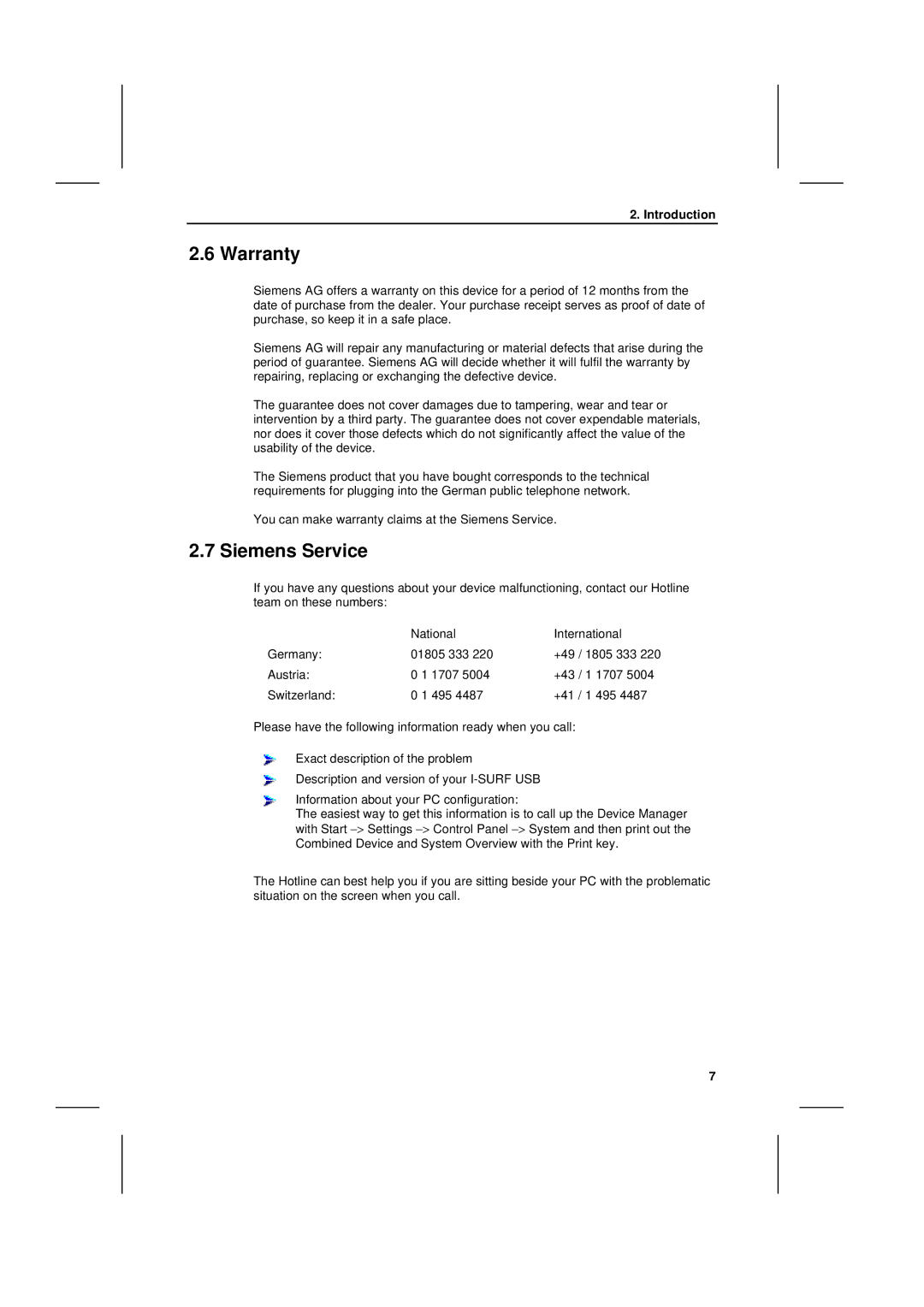 Siemens I-SURF manual Warranty, Siemens Service 