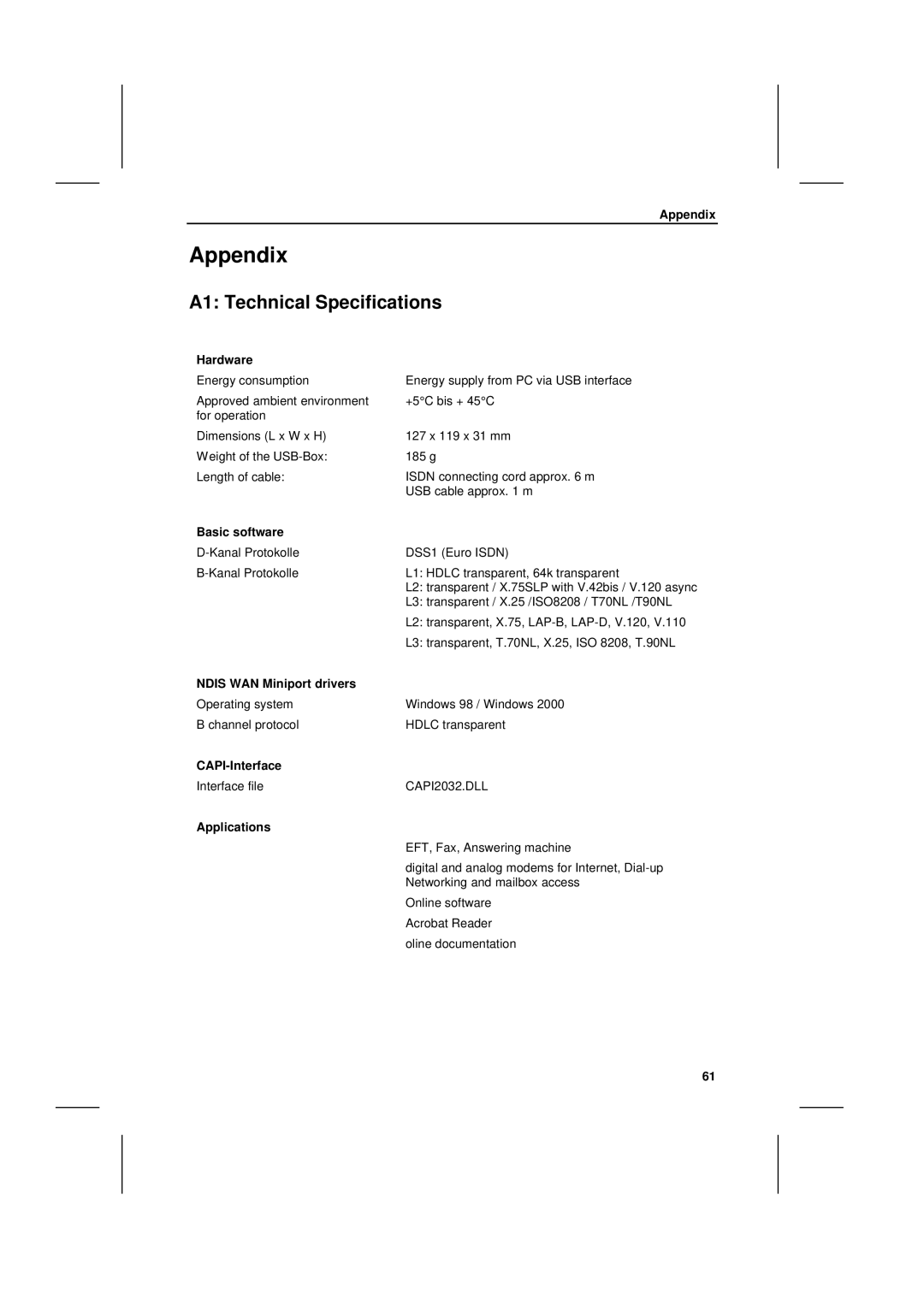 Siemens I-SURF manual Appendix, A1 Technical Specifications 