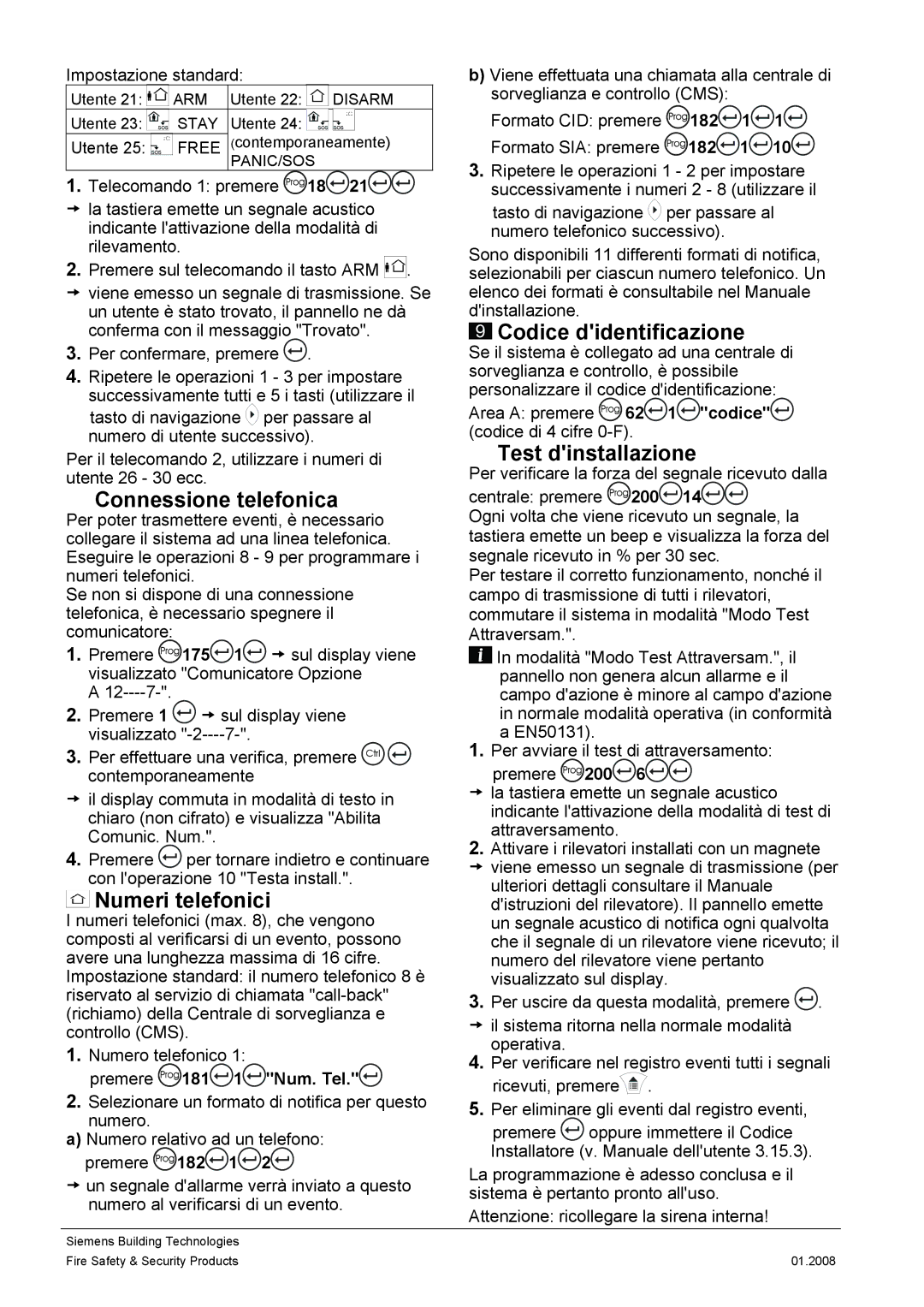 Siemens IC60 quick start Connessione telefonica, Numeri telefonici, Codice didentificazione, Test dinstallazione 