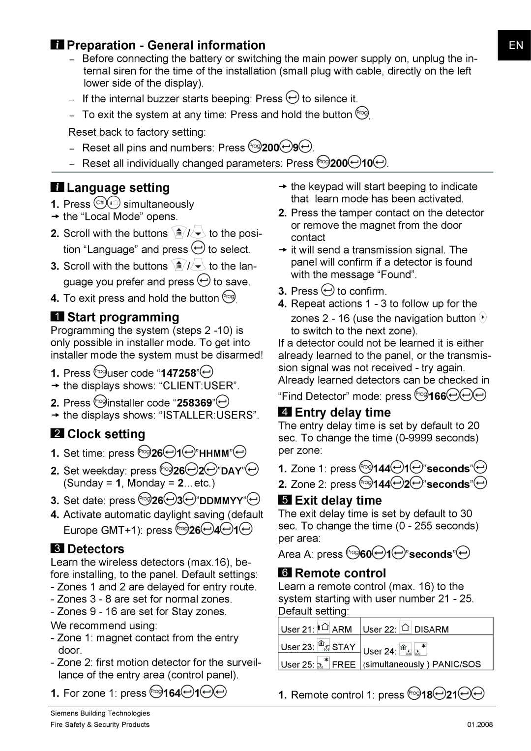 Siemens IC60 quick start Language setting, Start programming, Clock setting, Detectors, Entry delay time, Exit delay time 