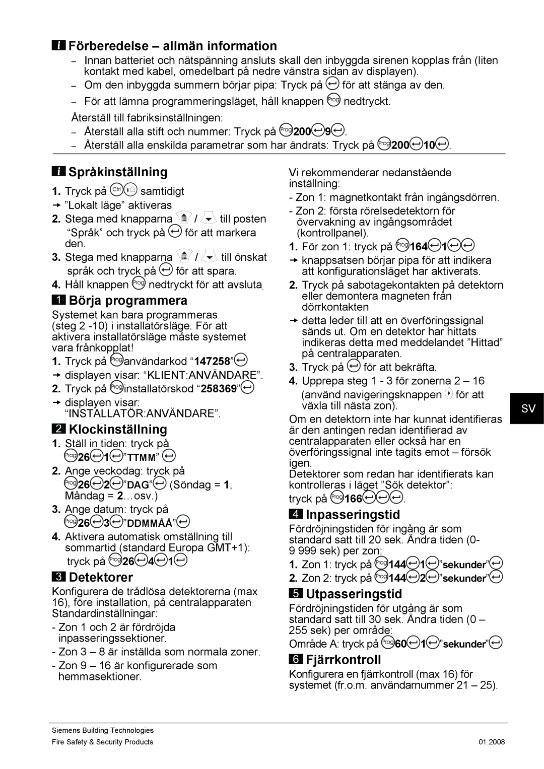 Siemens IC60 Förberedelse allmän information, Språkinställning, Börja programmera, Klockinställning, Inpasseringstid 