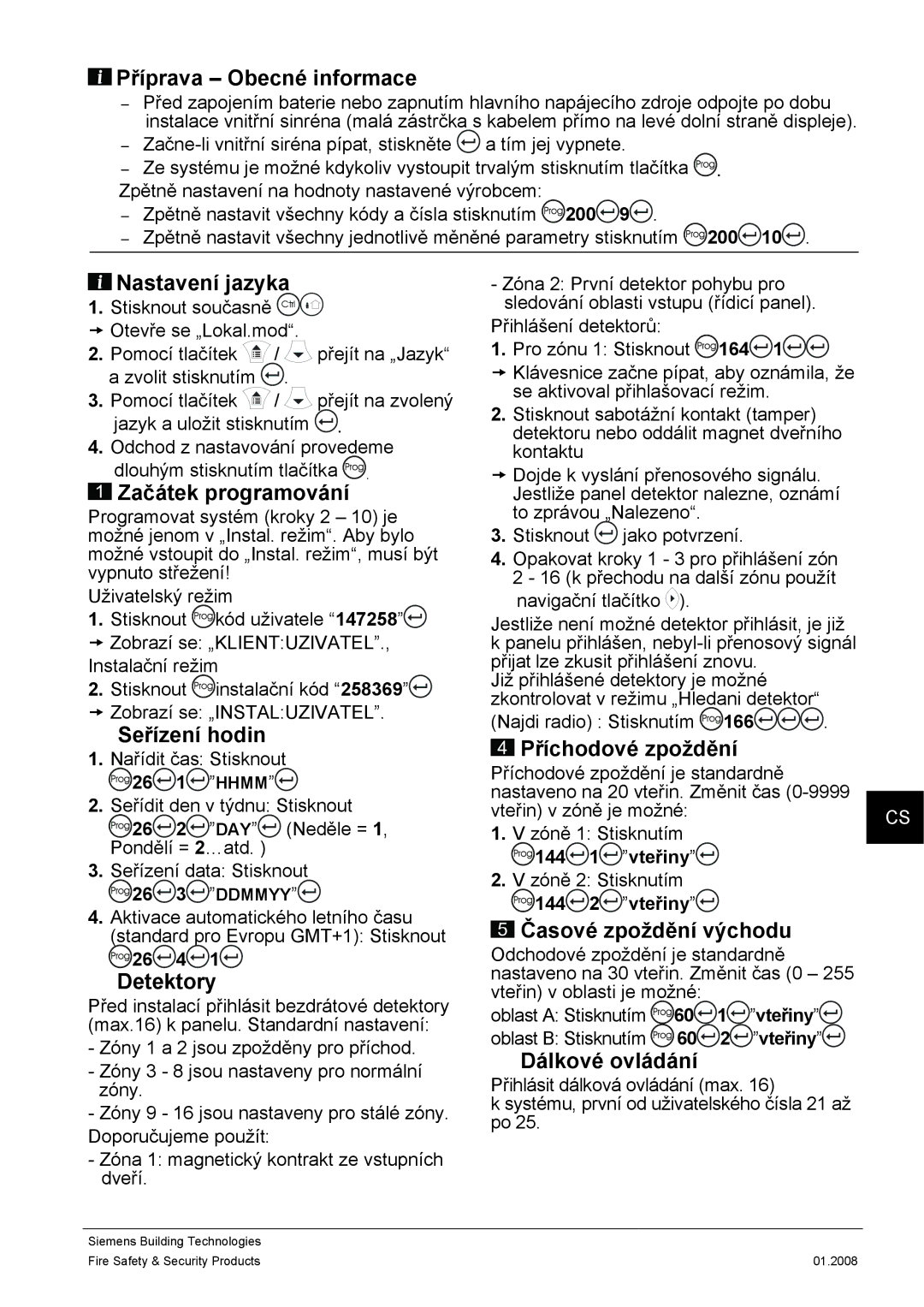 Siemens IC60 quick start Příprava Obecné informace, Nastavení jazyka, Začátek programování, Seřízení hodin, Detektory 