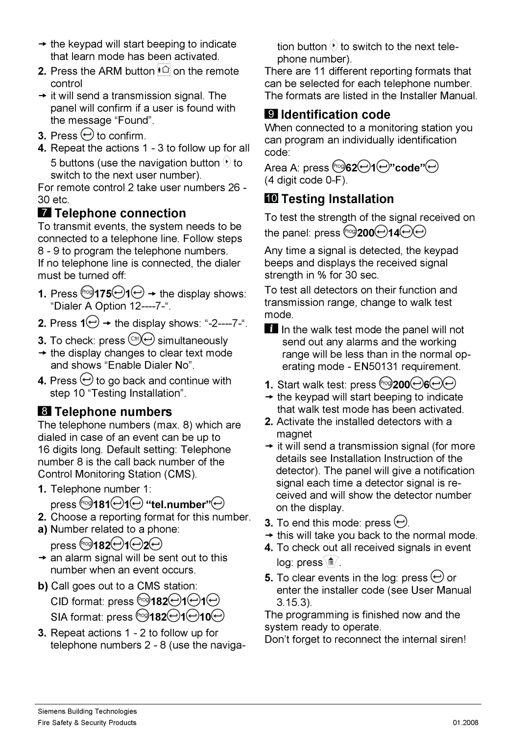 Siemens IC60 quick start Telephone connection, Telephone numbers, Identification code, Testing Installation 