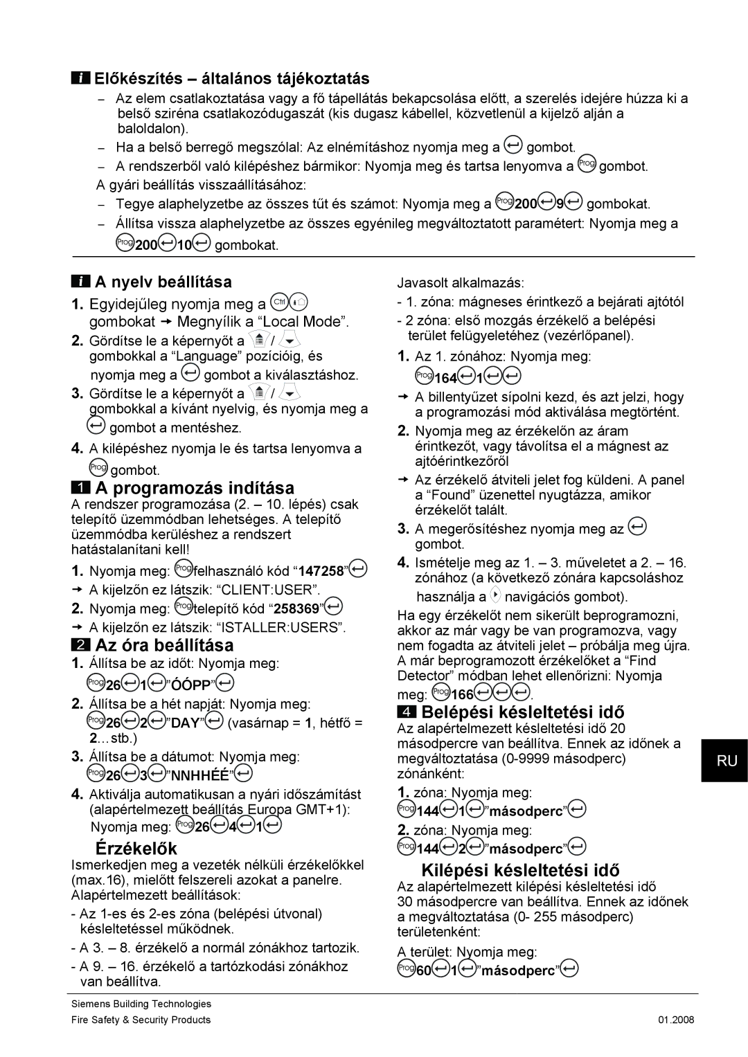 Siemens IC60 quick start Programozás indítása, Az óra beállítása, Érzékelők, Egyidejűleg nyomja meg a Ctrl 