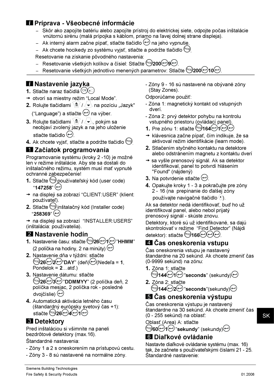 Siemens IC60 quick start Príprava Všeobecné informácie, Nastavenie jazyka, Začiatok programovania, Nastavenie hodín 