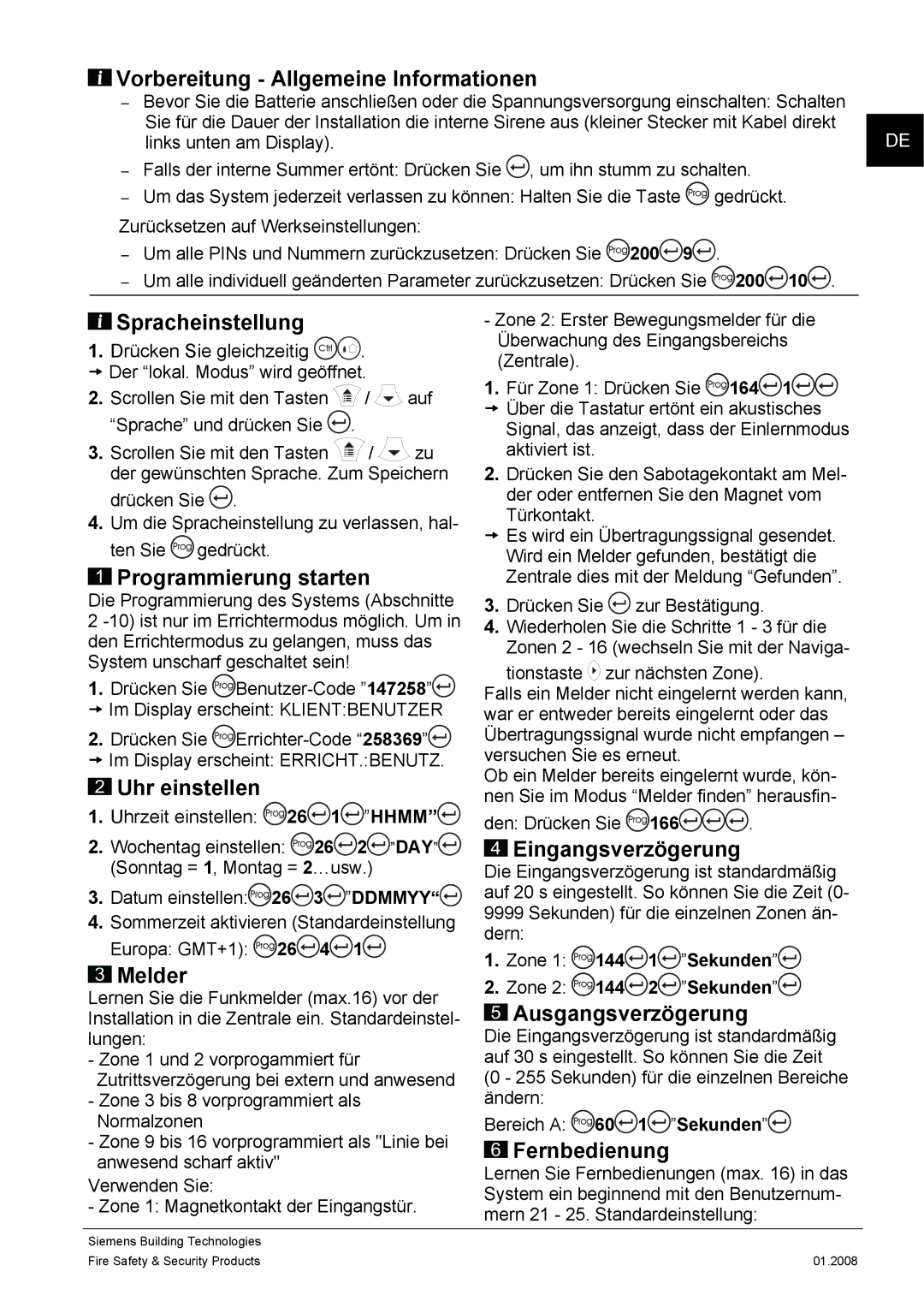Siemens IC60 Vorbereitung Allgemeine Informationen, Spracheinstellung, Programmierung starten, Uhr einstellen, Melder 