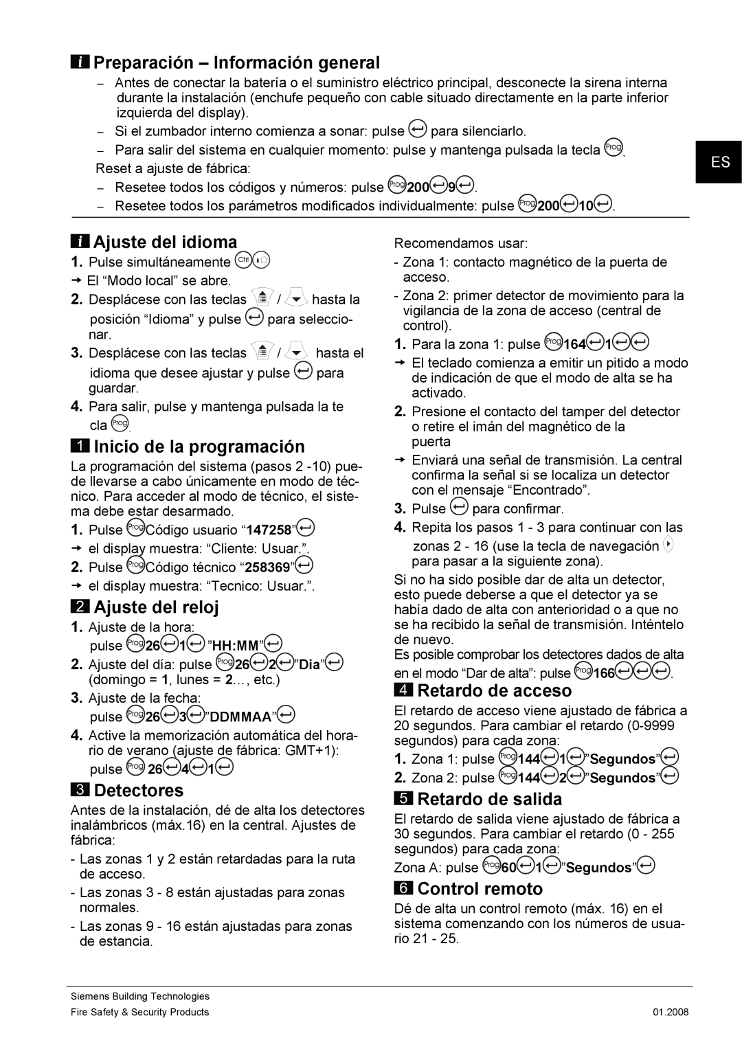 Siemens IC60 Preparación Información general, Ajuste del idioma, Inicio de la programación, Ajuste del reloj, Detectores 