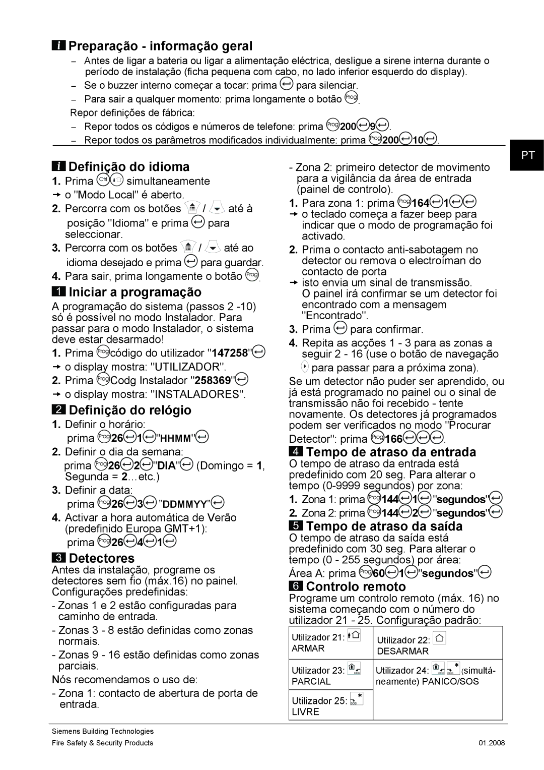 Siemens IC60 quick start Definição do idioma, Iniciar a programação, Definição do relógio 