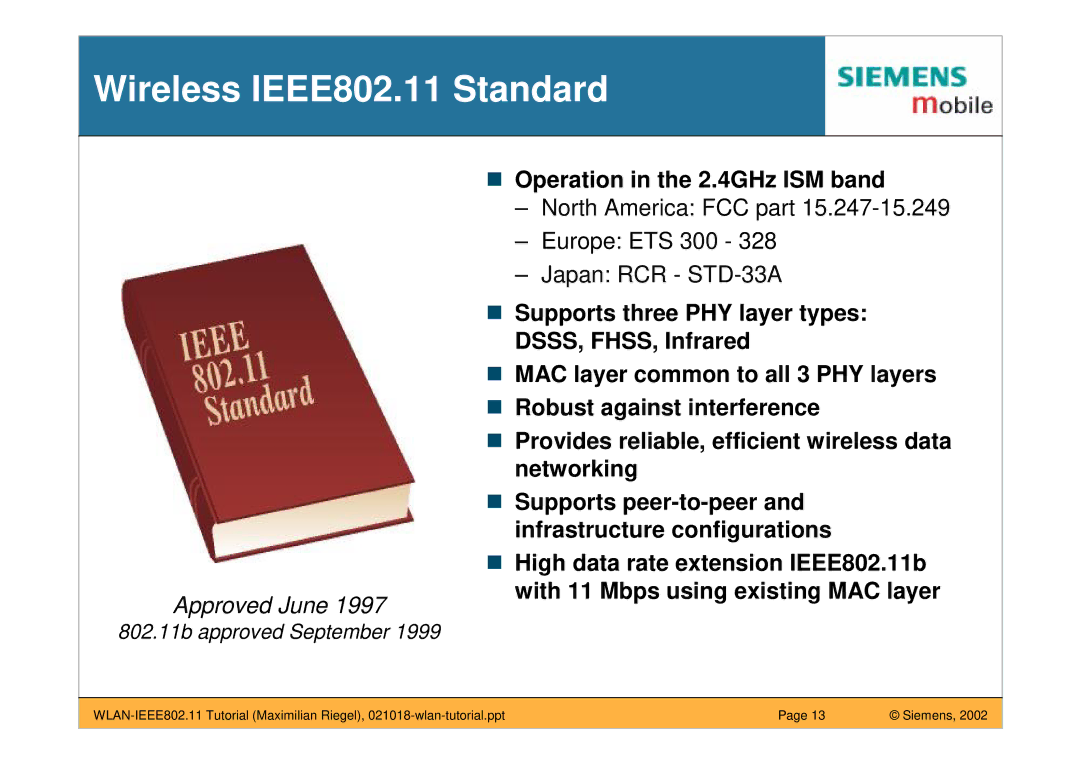 Siemens manual Wireless IEEE802.11 Standard, With 11 Mbps using existing MAC layer 