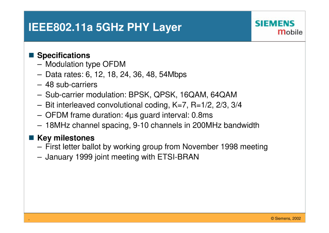 Siemens manual IEEE802.11a 5GHz PHY Layer, Specifications, Key milestones 